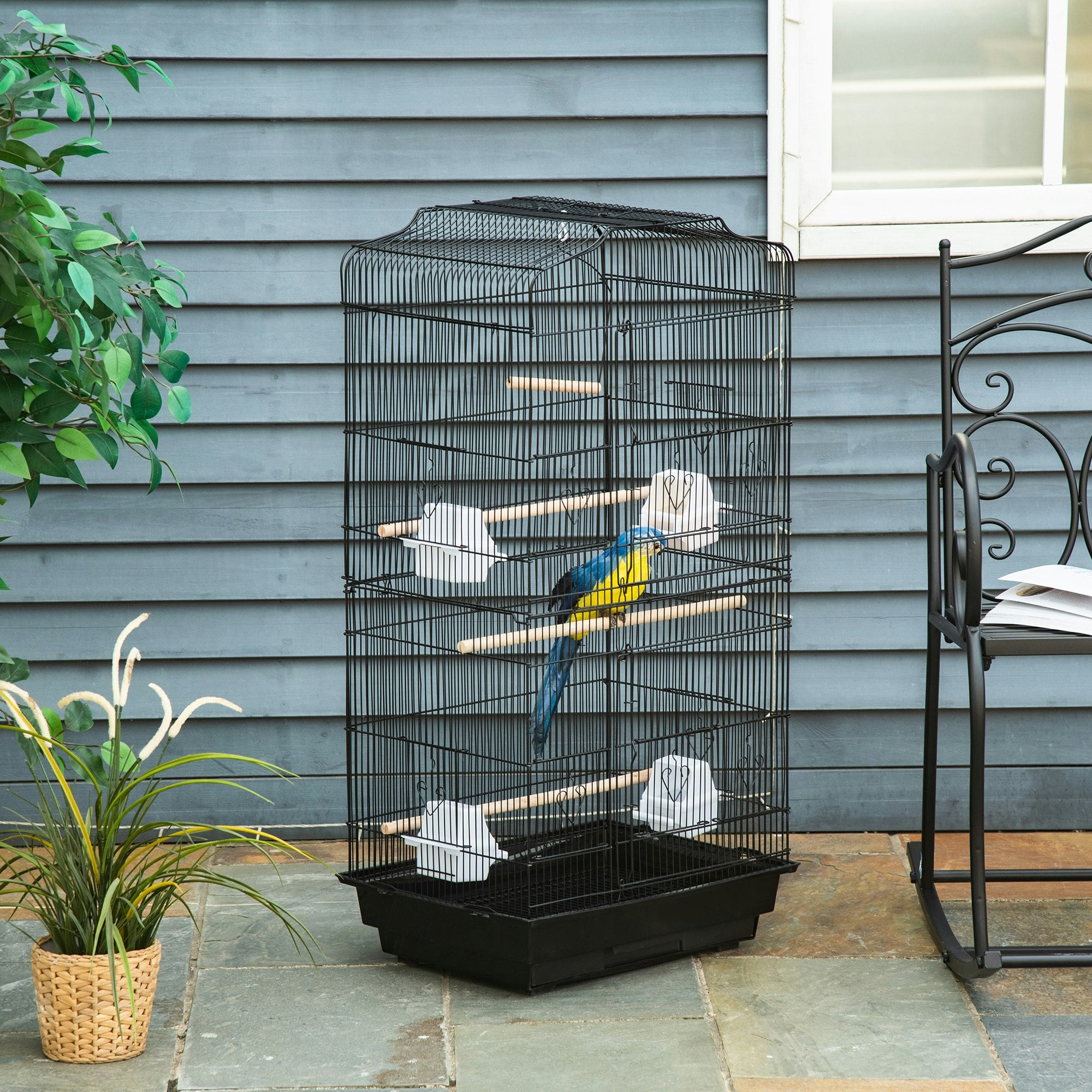 Pawhut Black 92Cm Large Bird Cage With Stand, Perches, Food Bowls, Swing,