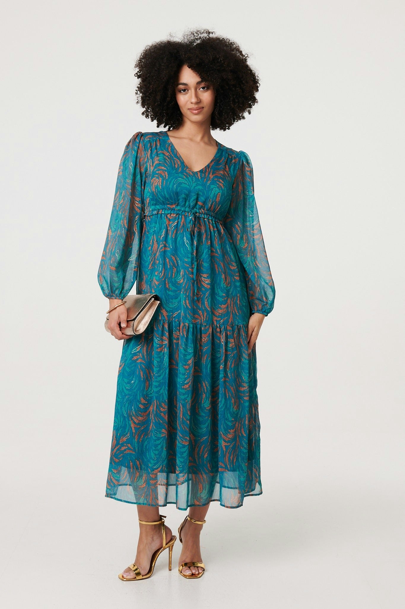 Izabel London Light Leaf Print Sheer Tie Waist Maxi Dress - Teal - 8