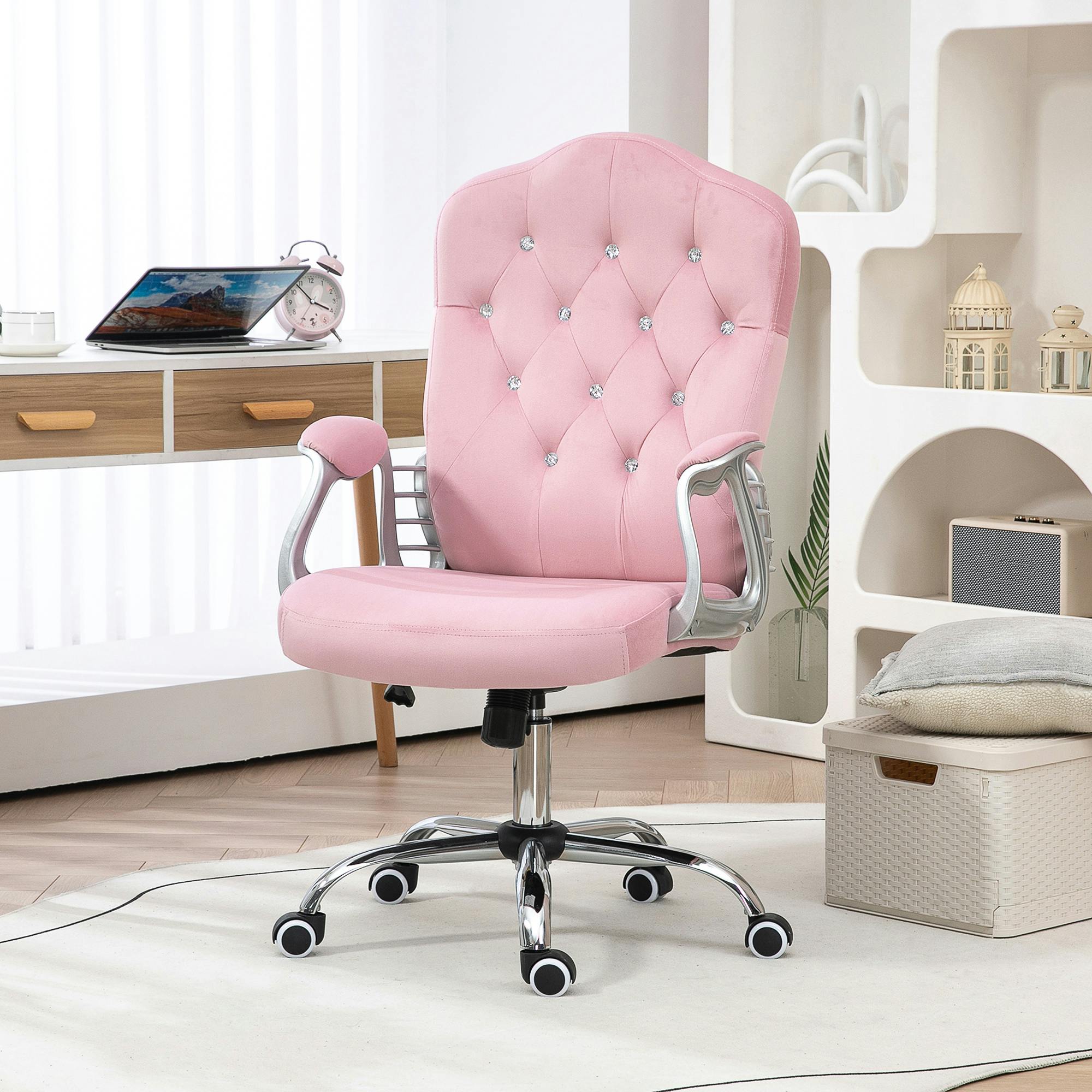 Office Chair Velvet Adjustable Swivel Desk Wheels Ergonomic Pink - Image 5