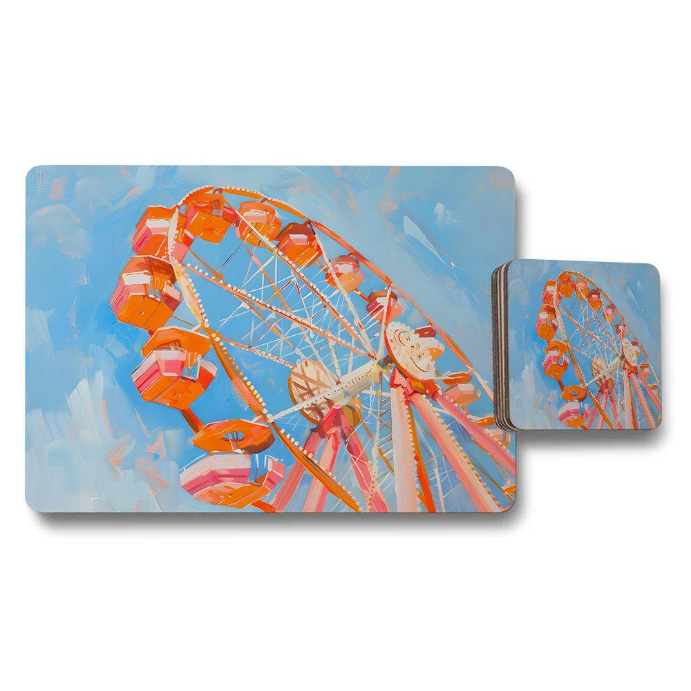 Benjamin Tate Design Blue/Light/Orange Ferris Wheel Placemats And Coaster Set With Colorful Carnival Print