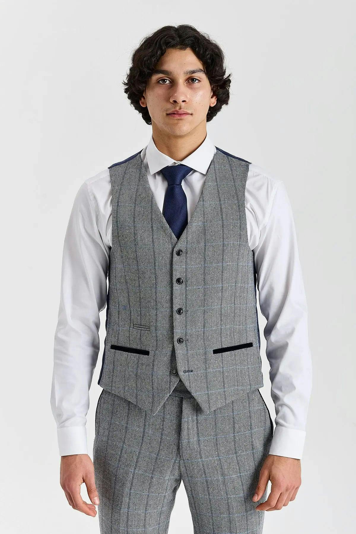 Paul Andrew Men's Grey Harris - Tweed Herringbone Check Waistcoat - 42
