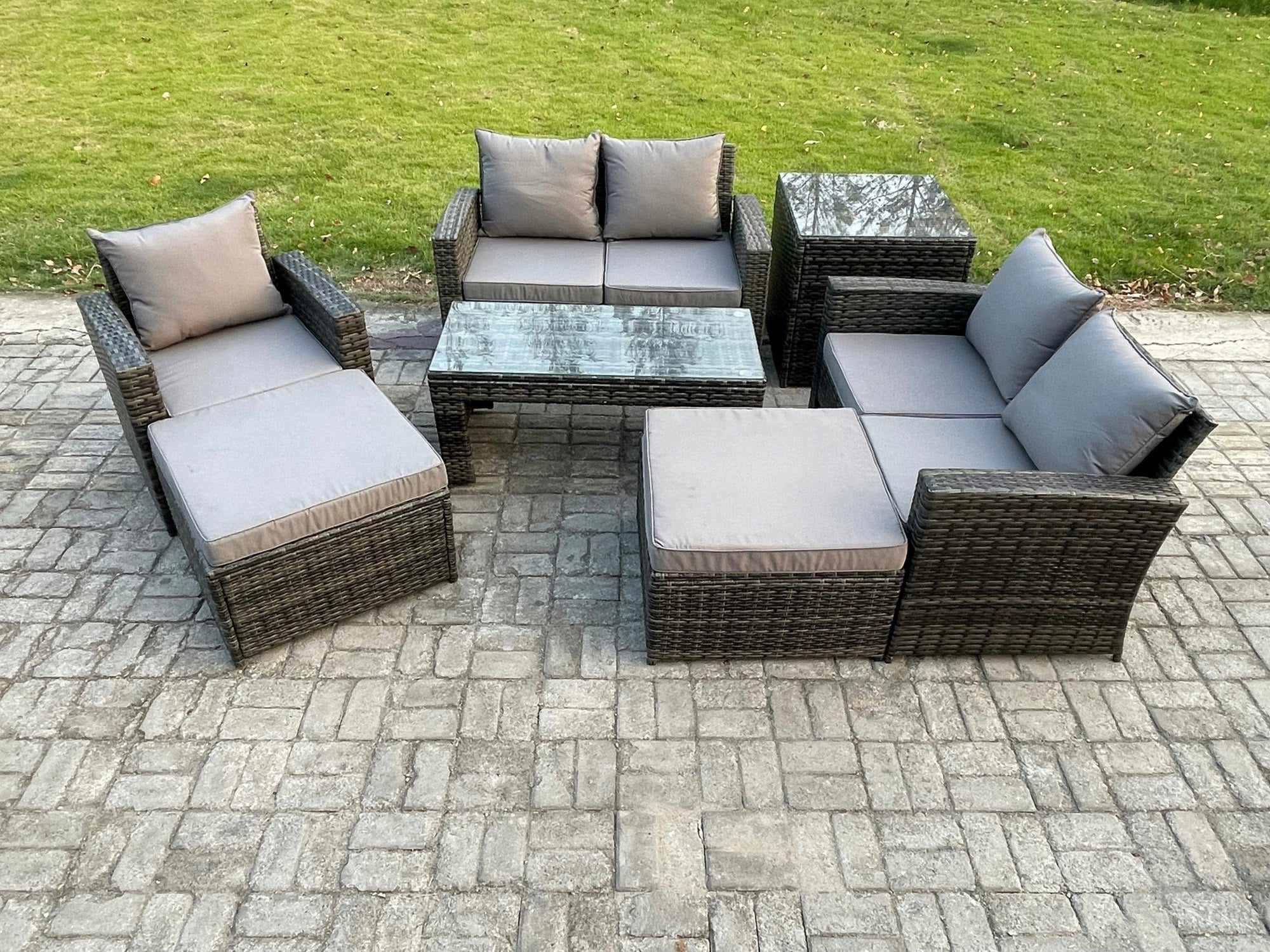 Fimous Dark/Grey 7 Seater Outdoor Rattan Patio Furniture Set Garden Lounge Sofa Set With Side Table 2 Big Footstool Coffee Table Mixed