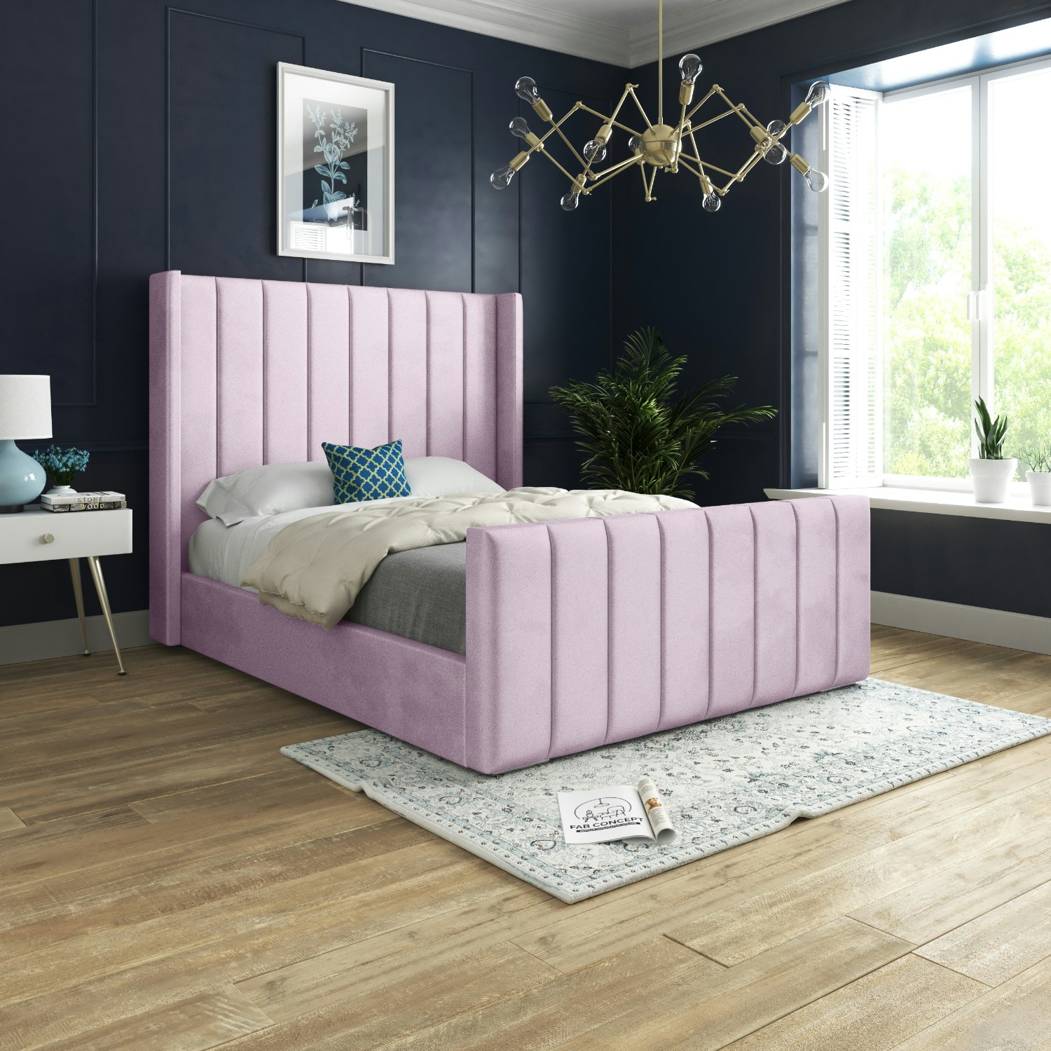Casa Magna Blue/Pink Romano Straight Winged Upholstered Soft Velvet Bed Frame - King
