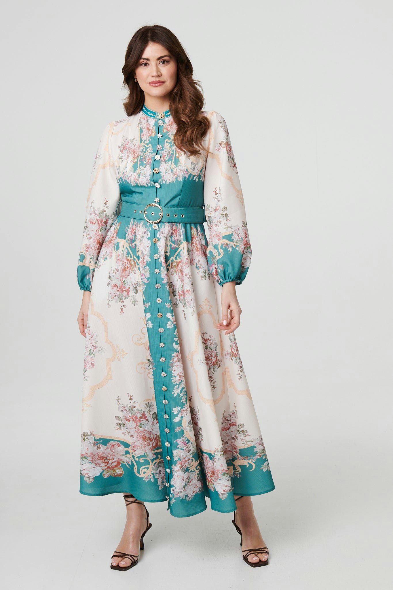 Izabel London Blue Floral Button Detail Belted Maxi Dress - 16