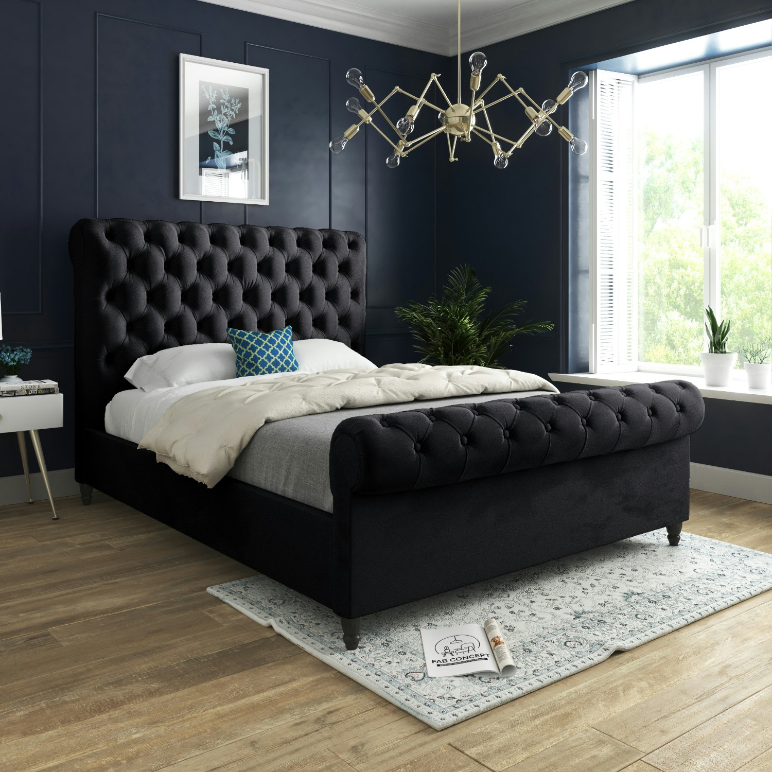 Casa Magna Black Savana Sleigh Upholstered Soft Velvet Bed Frame - Small Double