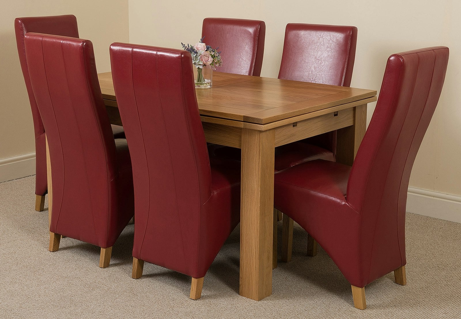 Rackhams Burgundy Richmond Medium Oak Extendable Dining Table With Lola Leather Chairs - 6 Chairs