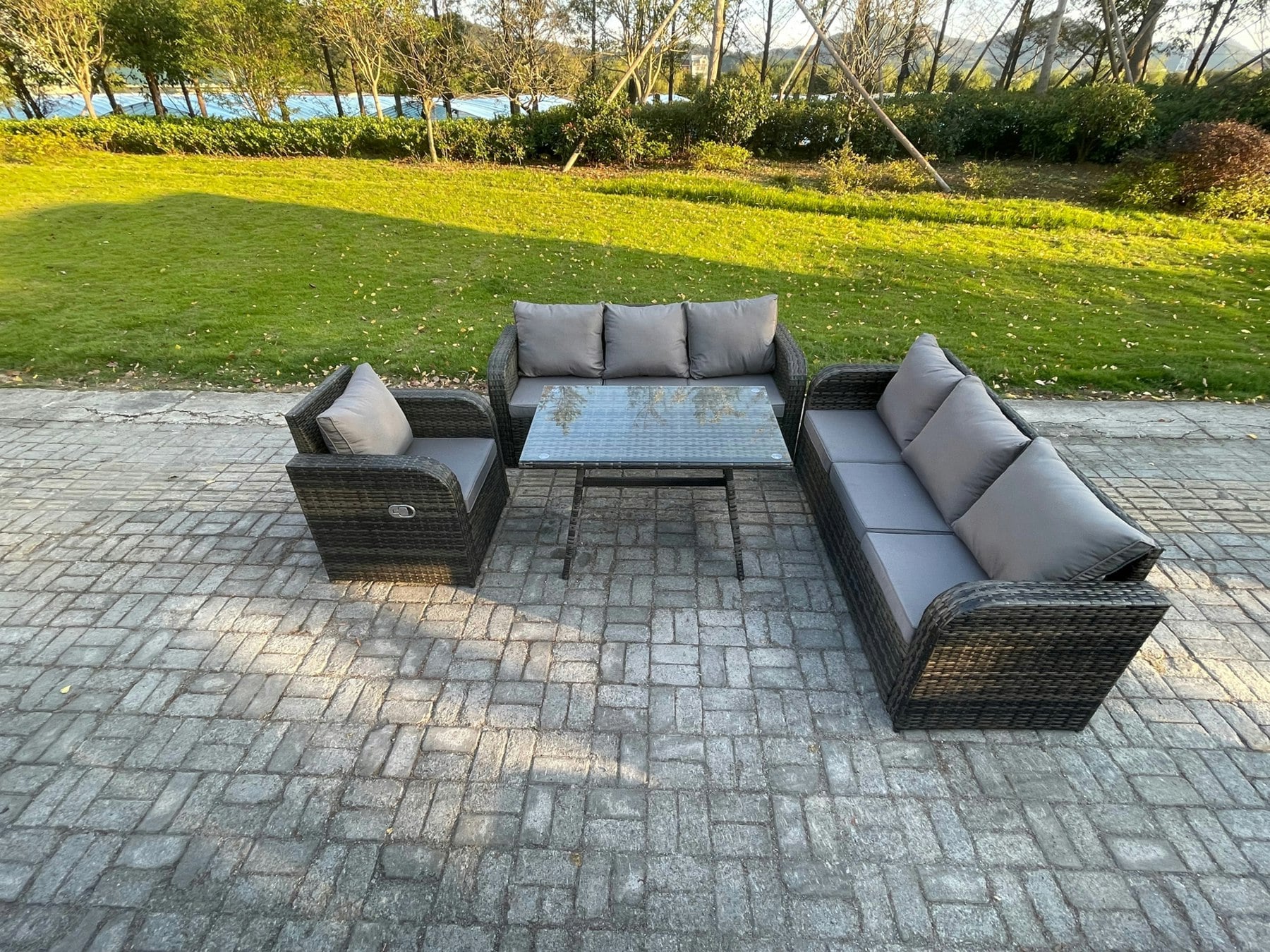 Rackhams Dark/Grey Outdoor Lounge Sofa Set Wicker Pe Rattan Garden Furniture Set With Rectangular Dining Table Reclining Chair Mixed