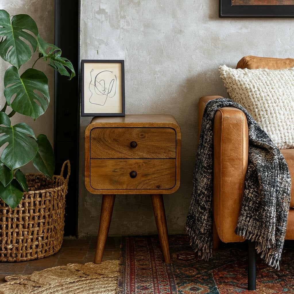 Wyld Haus Parma Mini Oak Mango Wood Curved Bedside 2 Drawers