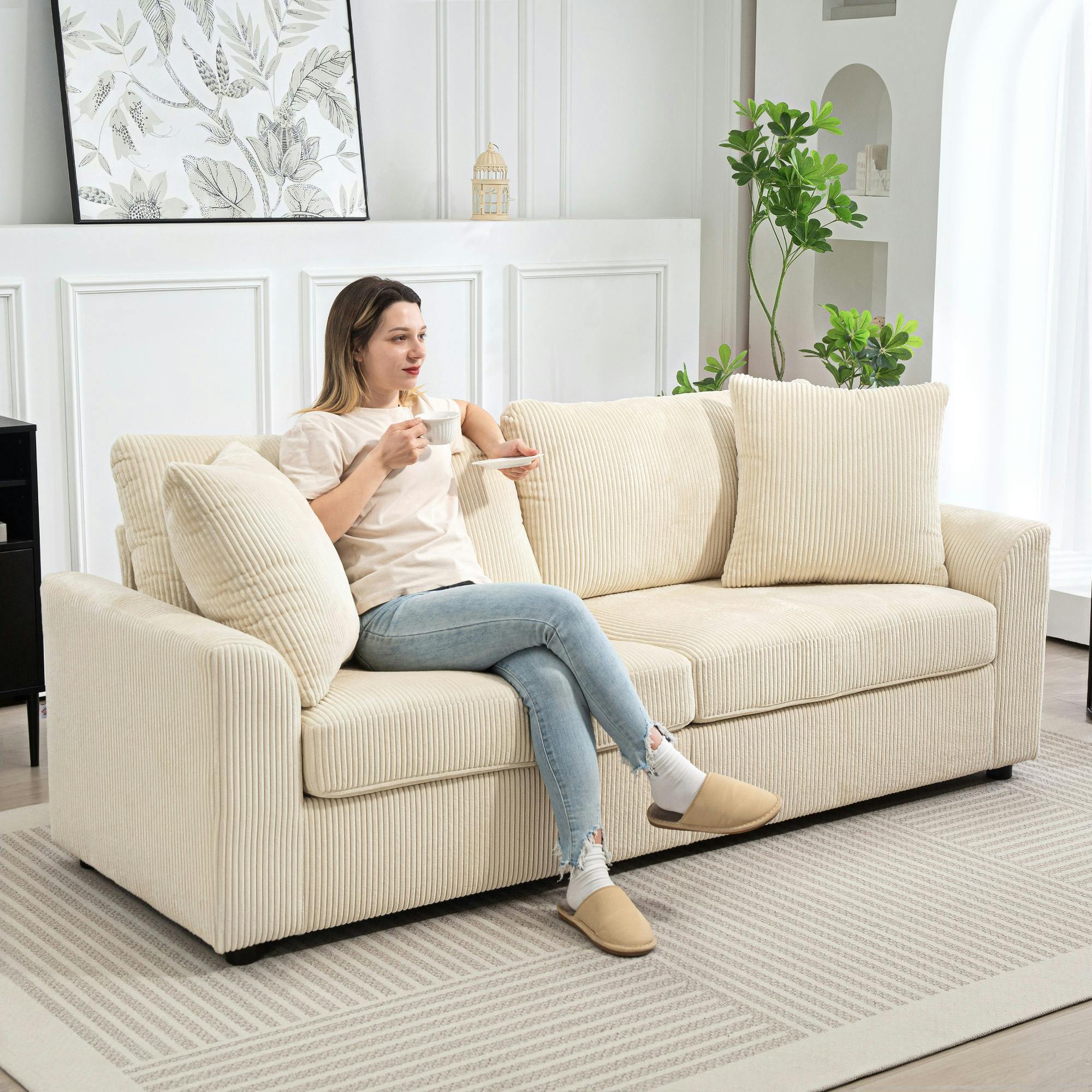 Homcom 212 Cm Upholstered Jumbo Cord Sofa Couch With Spring Cushion, Cream - Image 3
