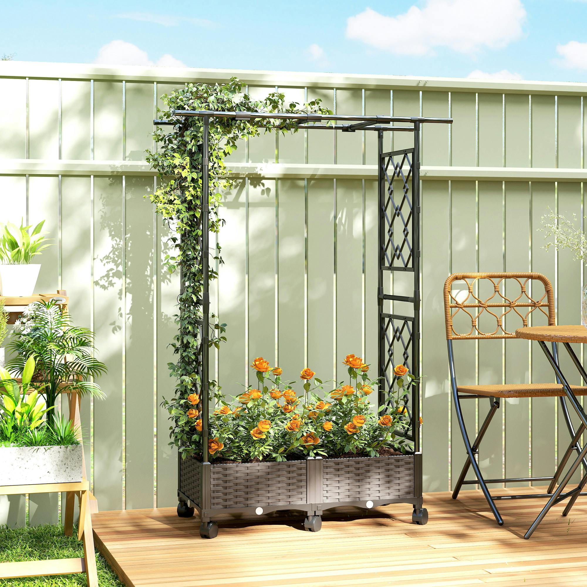 Rackhams Light/Black Raised Garden Bed With Arch Trellis, Plastic Raised Bed For Garden