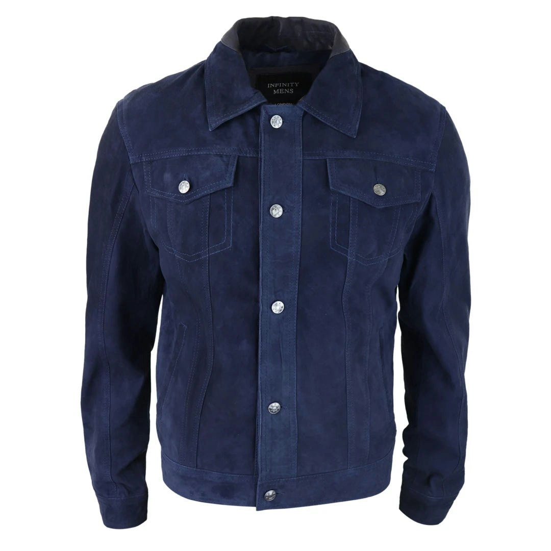Infinity Leather Men's Leather Company Genuine Suede Jacket Leather Jeans Denim Short Biker Classic Vintage - Navy - 2XL
