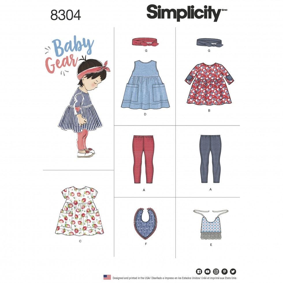 SIMPLICITY 8304 LEGGINGS TOP DRESS BIB HEADBAND BABY Sewing Pattern Sizes XXS-L - Image 3