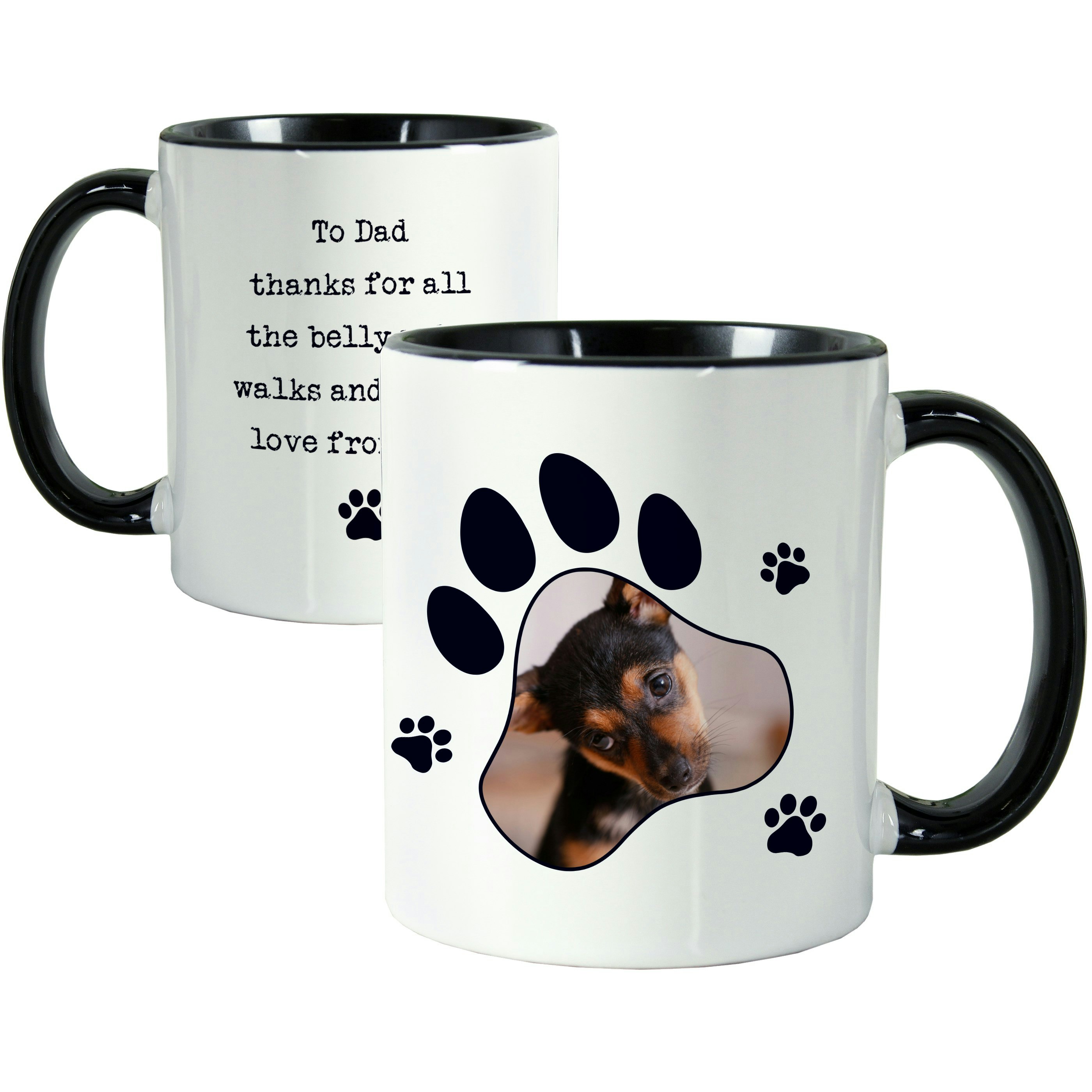 Rackhams Black Personalised Paw Print Pet Photo Upload Handled Mug