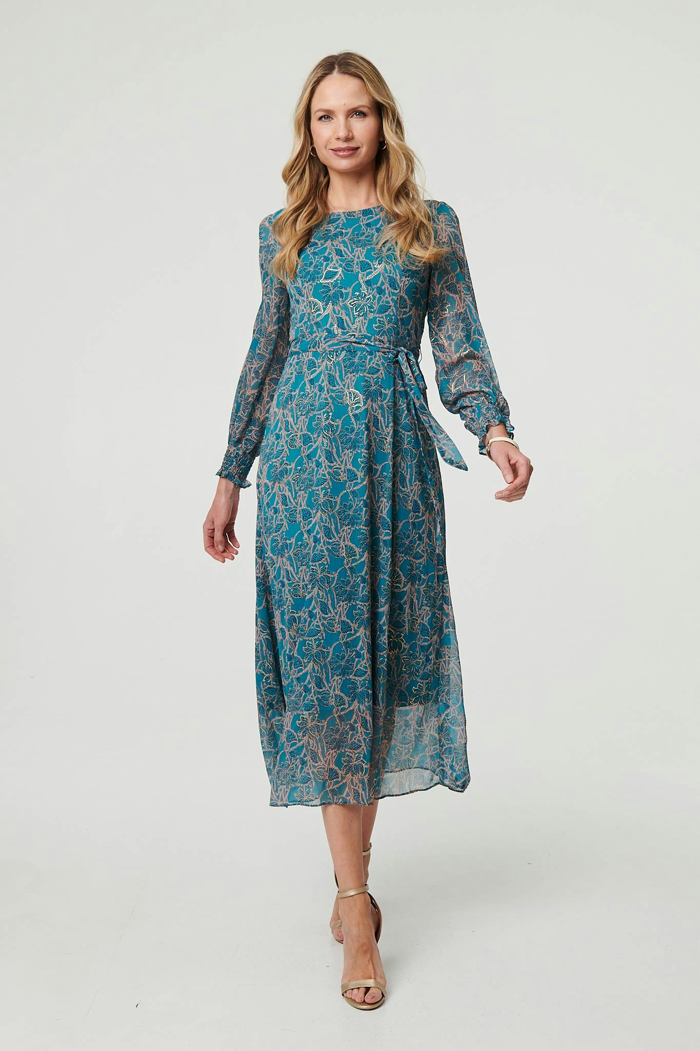 Izabel London Printed Tie Waist Layered Midi Dress - 10 - Teal