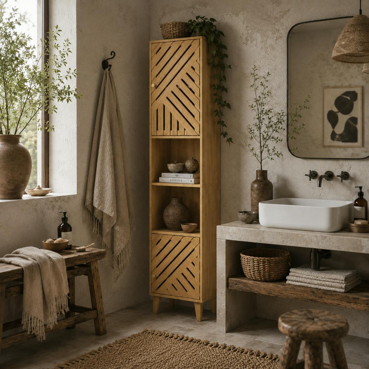 Rackhams Hami Bathroom Storage Cabinet With Bamboo Door And Multi Storage Layout Natural Finish