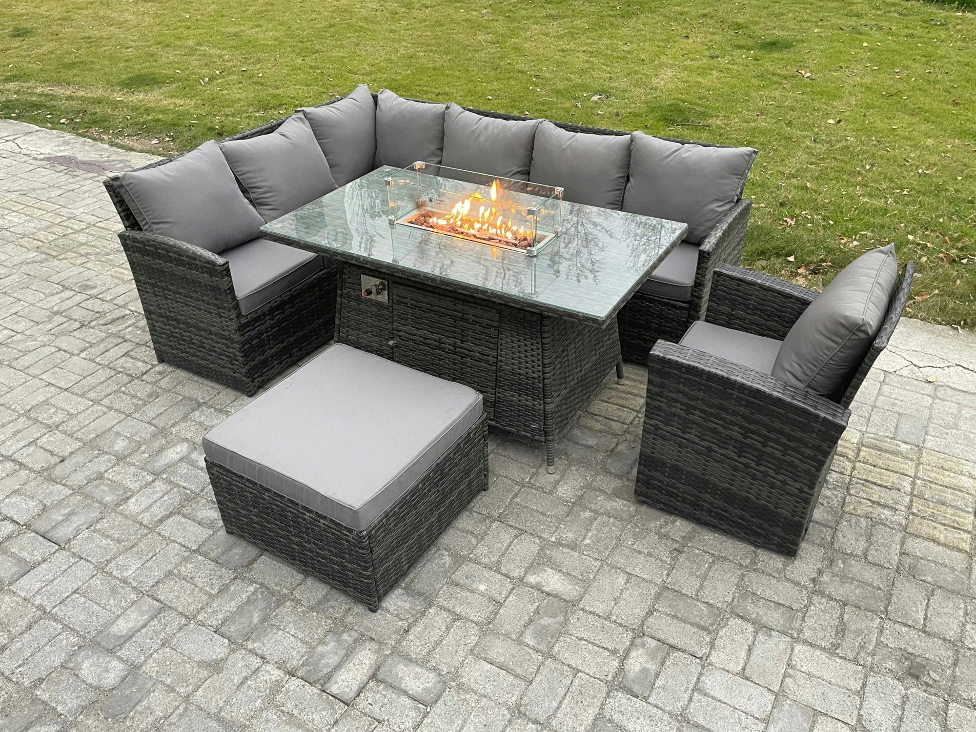 Rackhams Dark/Grey Rattan Garden Furniture High Back Corner Sofa Gas Fire Pit Dining Table Sets Gas Heater With Armchair Big Footstool 8 Seater Mixed