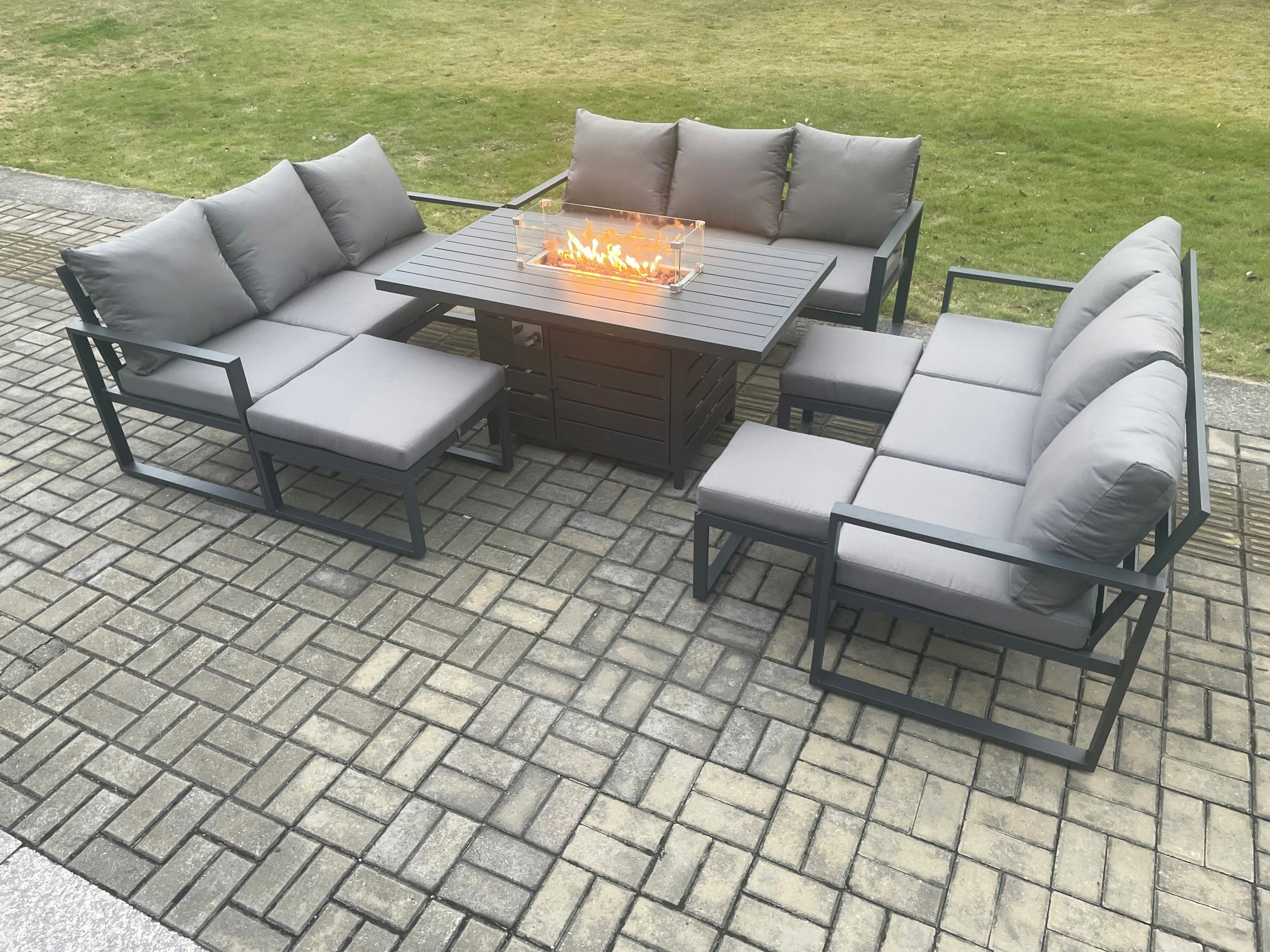 Rackhams Dark/Grey Aluminium Garden Furniture Outdoor Set Patio Lounge Sofa Gas Fire Pit Dining Table Set With 3 Footstools