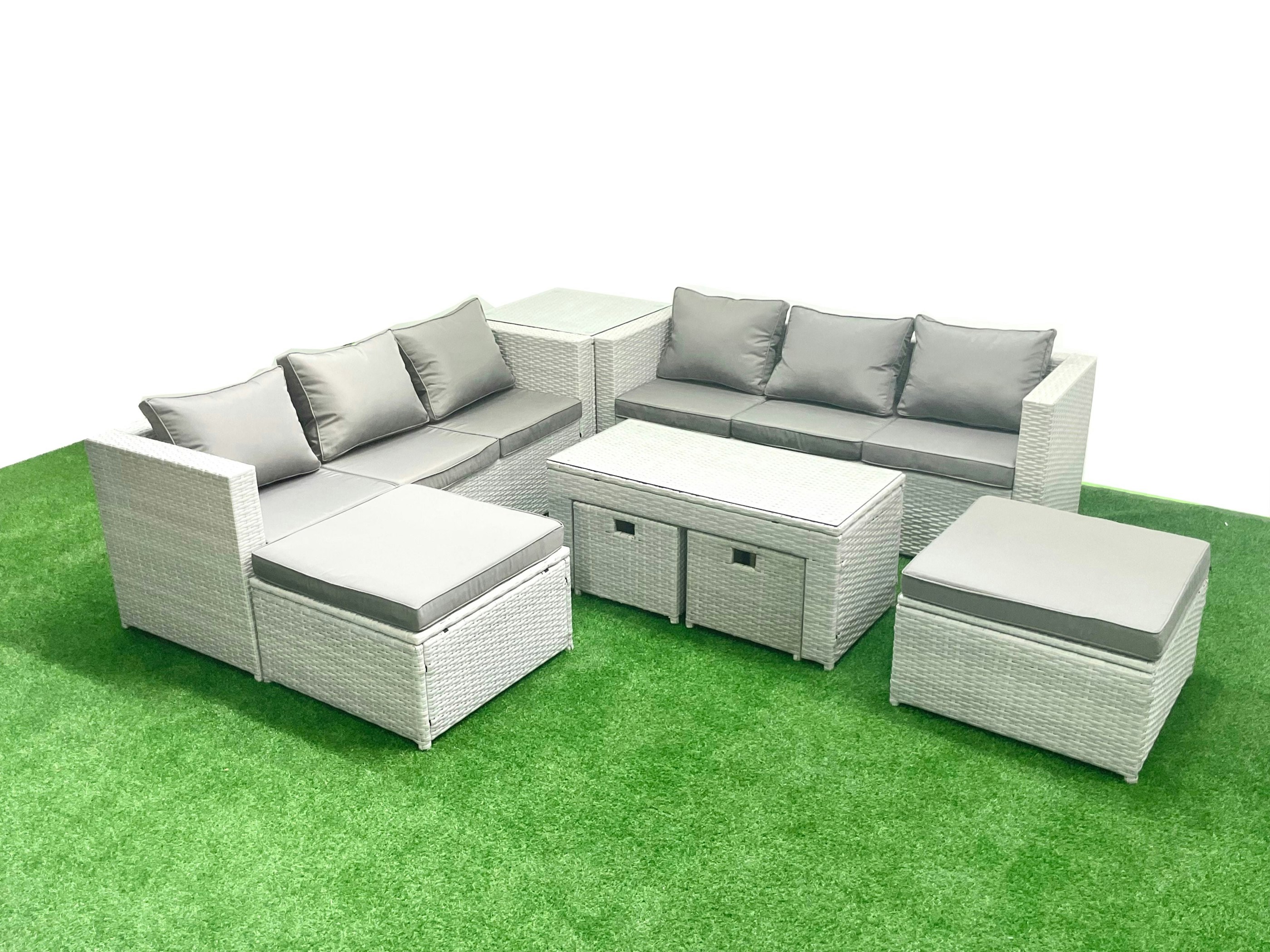 Rackhams Grey Outdoor Rattan Garden Furniture Set With Cushions Luxury 10 Seater With Coffee Table And Side Table For Conservatory,Patio
