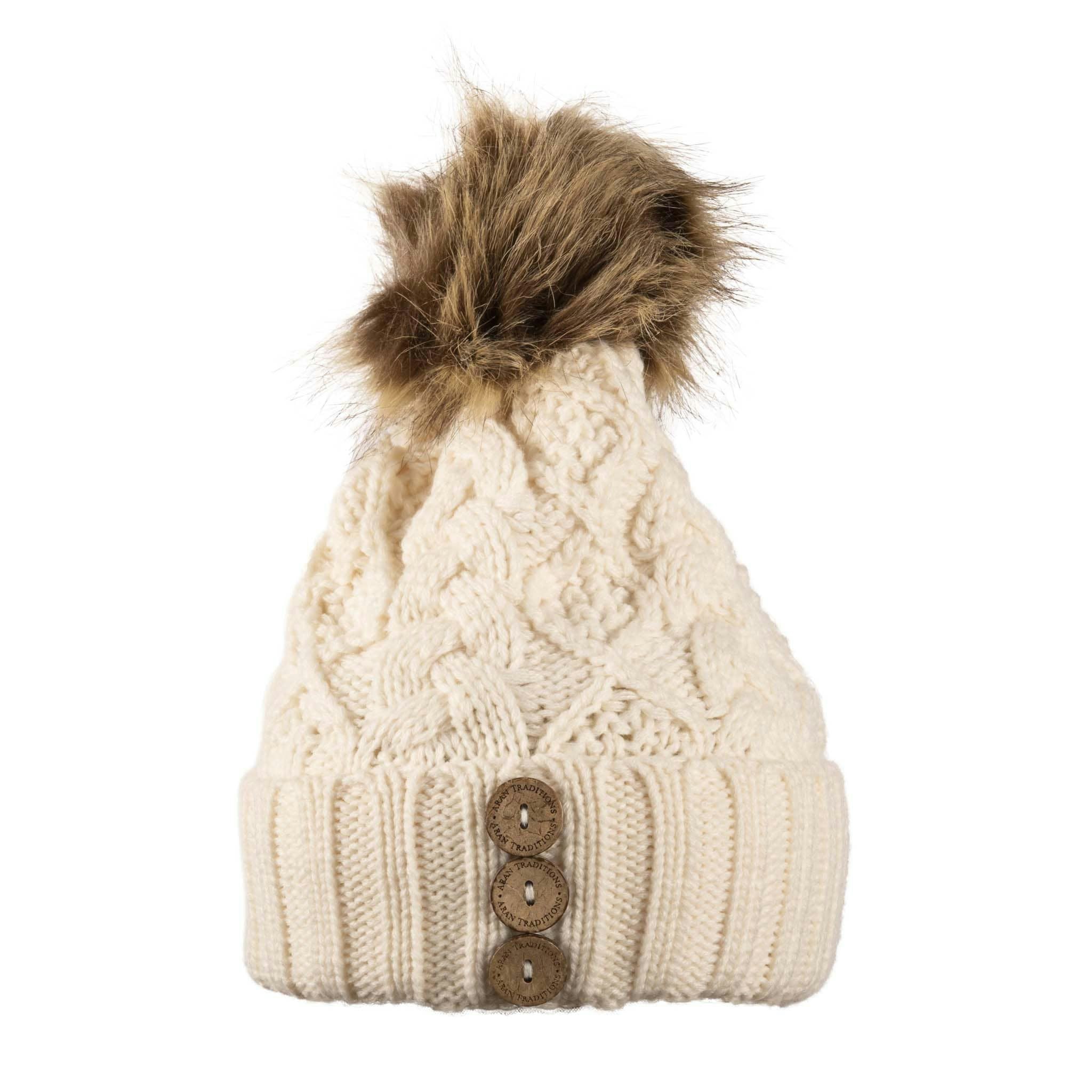Aran Traditions Cream Aran Diamond Cable Button Hat