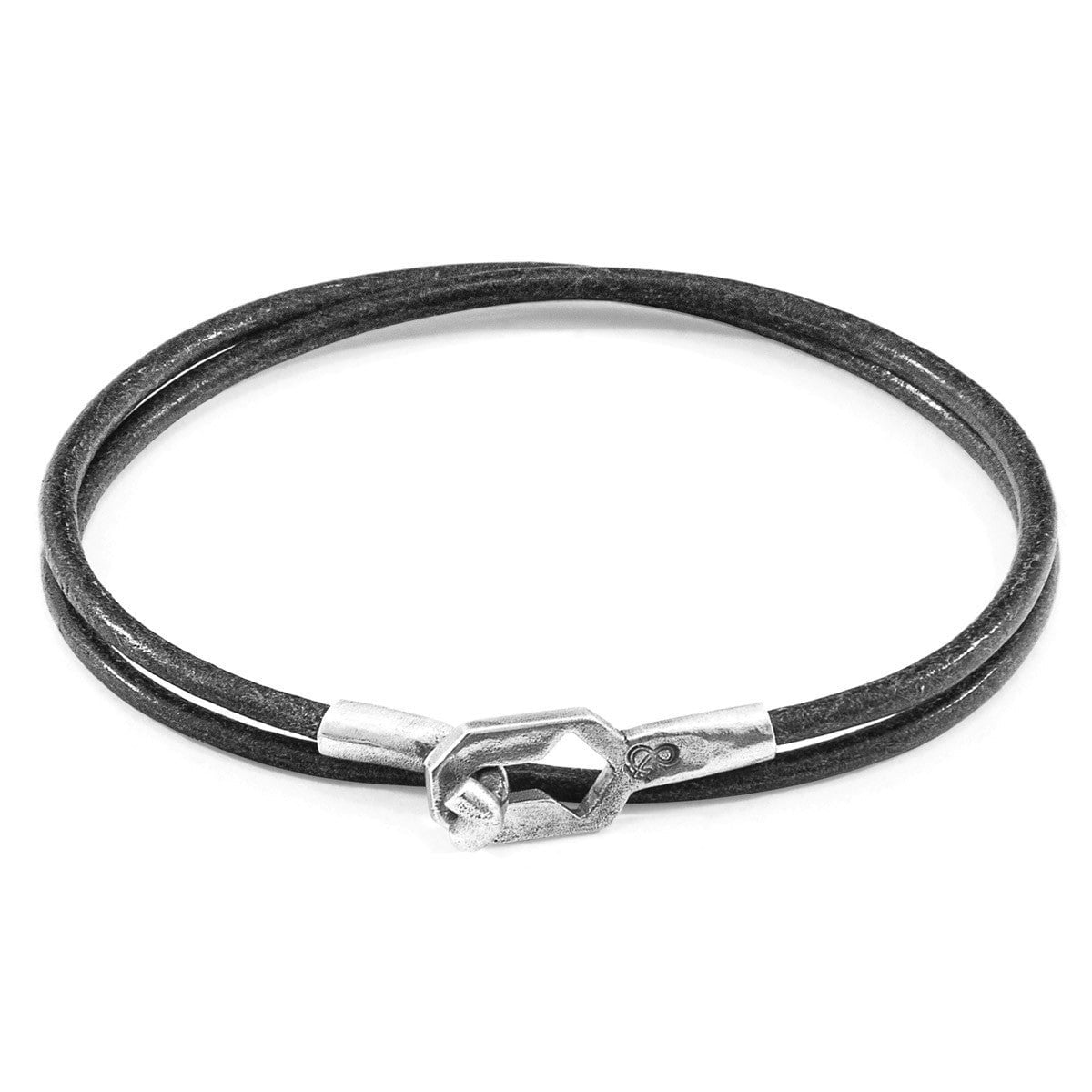 Anchor & Crew Grey/Silver Shadow Tenby And Round Leather Bracelet - S - 19Cm