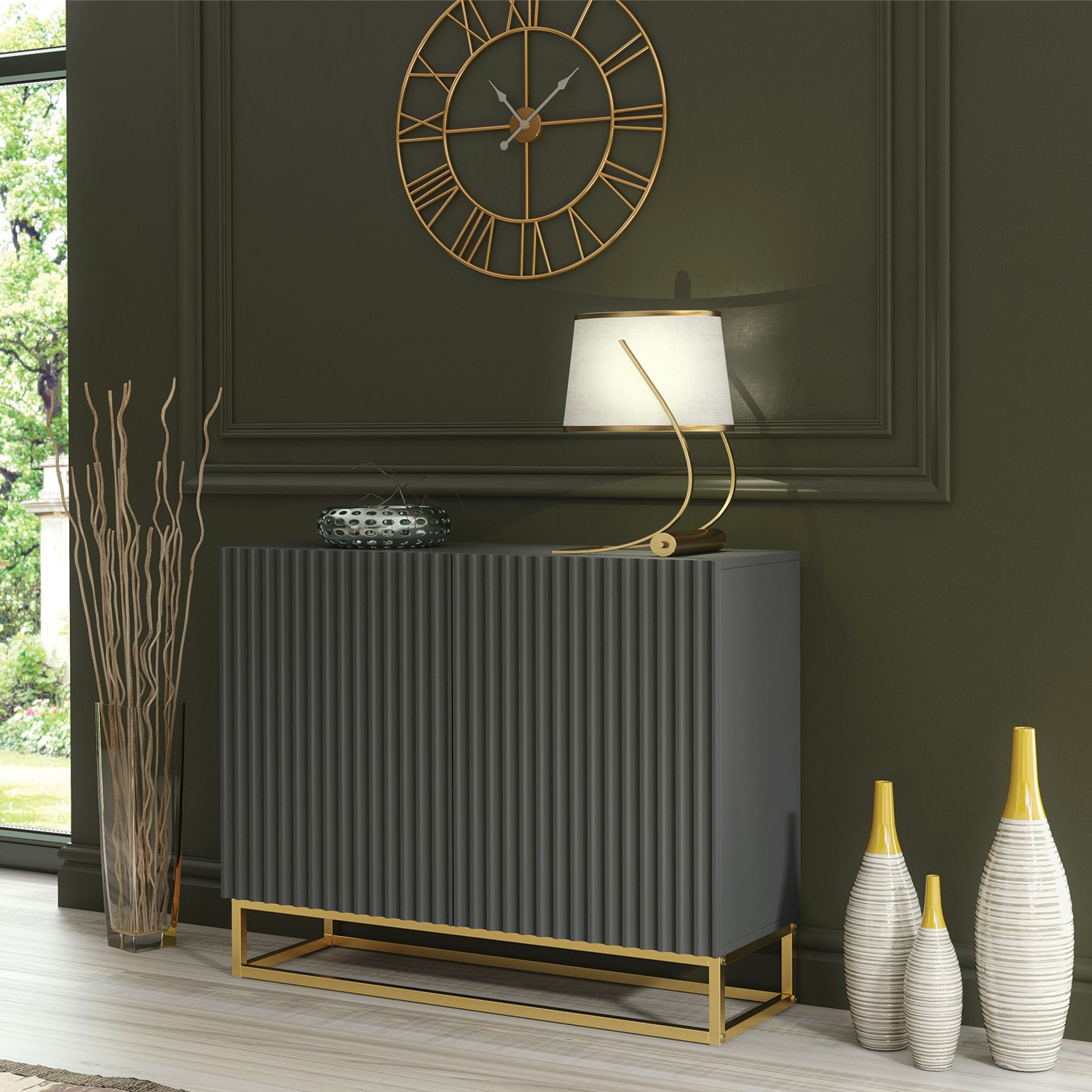 Mex Furniture Grey/Gold Graceful Sideboard With Fluted Fronts & Legs – 100Cm Storage Unit - 100Cm - Mdf/Chipboard