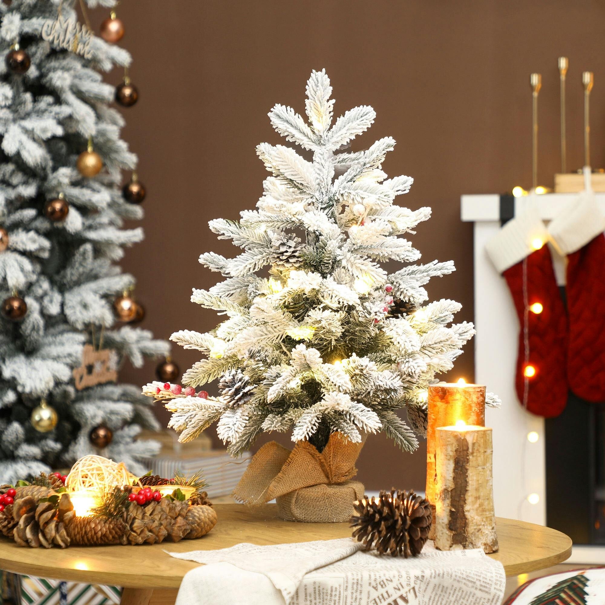 Rackhams Green/White 60 Cm Prelit Tabletop Mini Christmas Tree, Flocked Snow Xmas Tree - Small Christmas Tree - 1 - 48 X 48 X 60 Cm