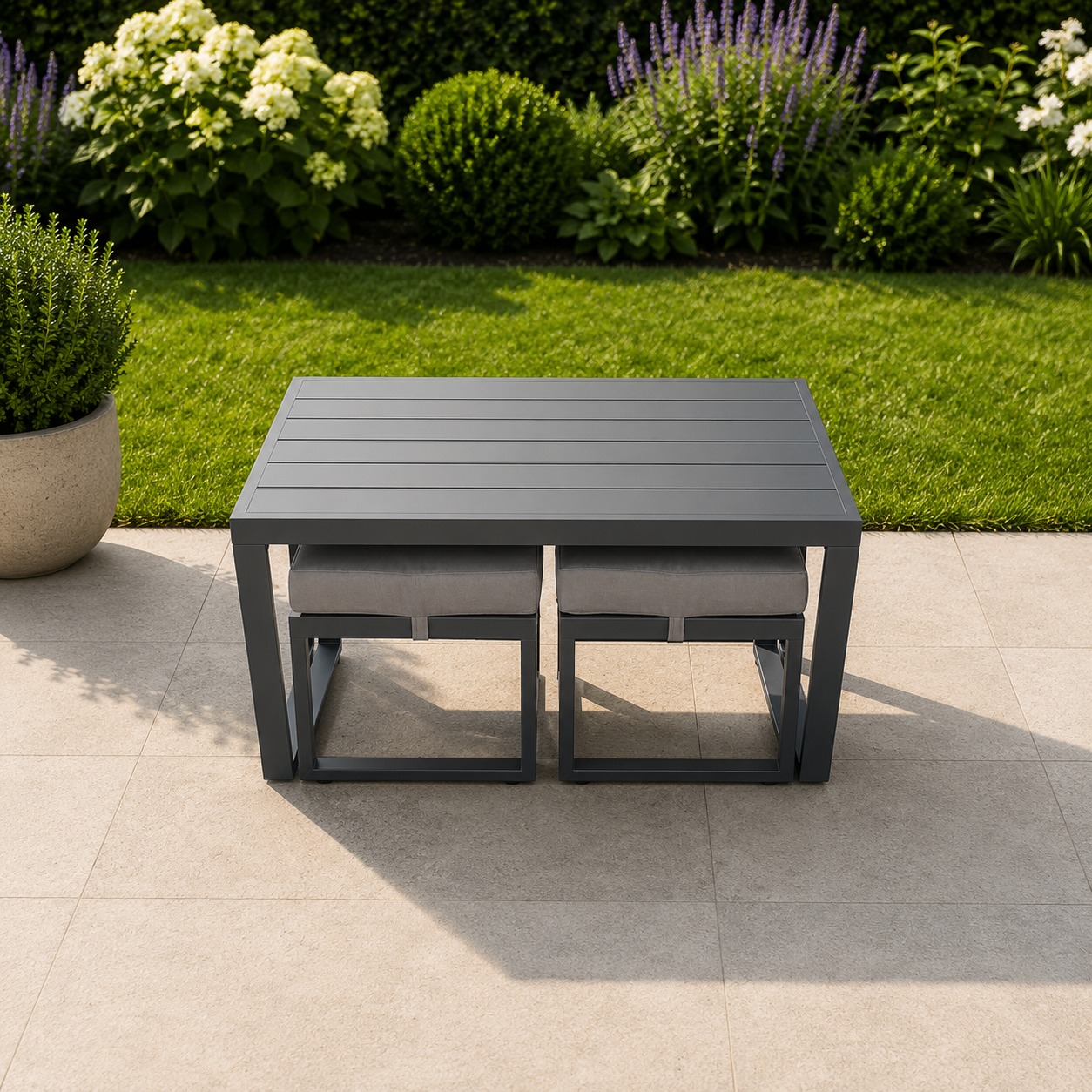 Rackhams Dark/Grey Aluminium Outdoor Garden Rectangular Coffee Table With 2 Footstools For Balcony, Terrace, Pool