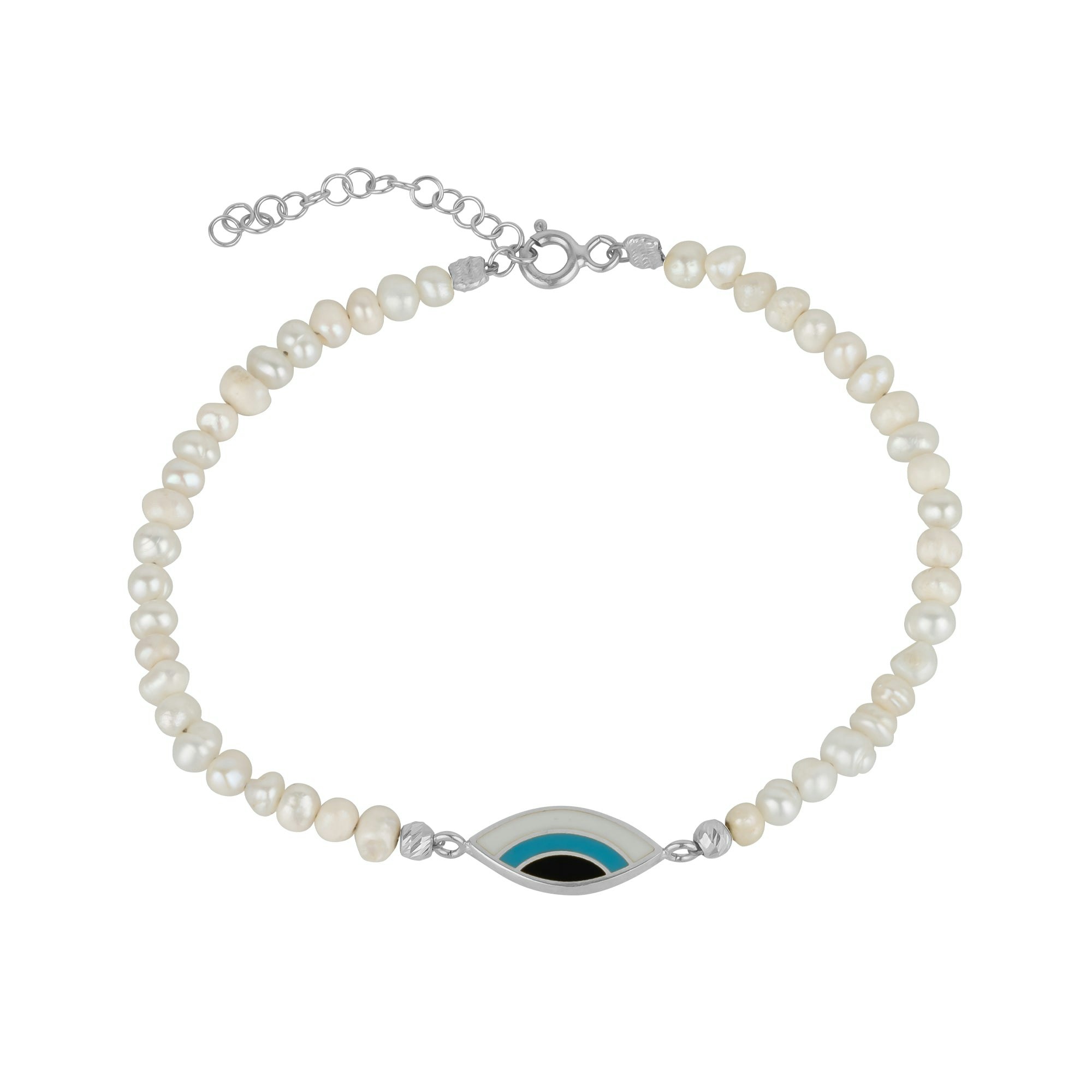 Spero London Silver Pearl Evil Eye Sterling Bracelet