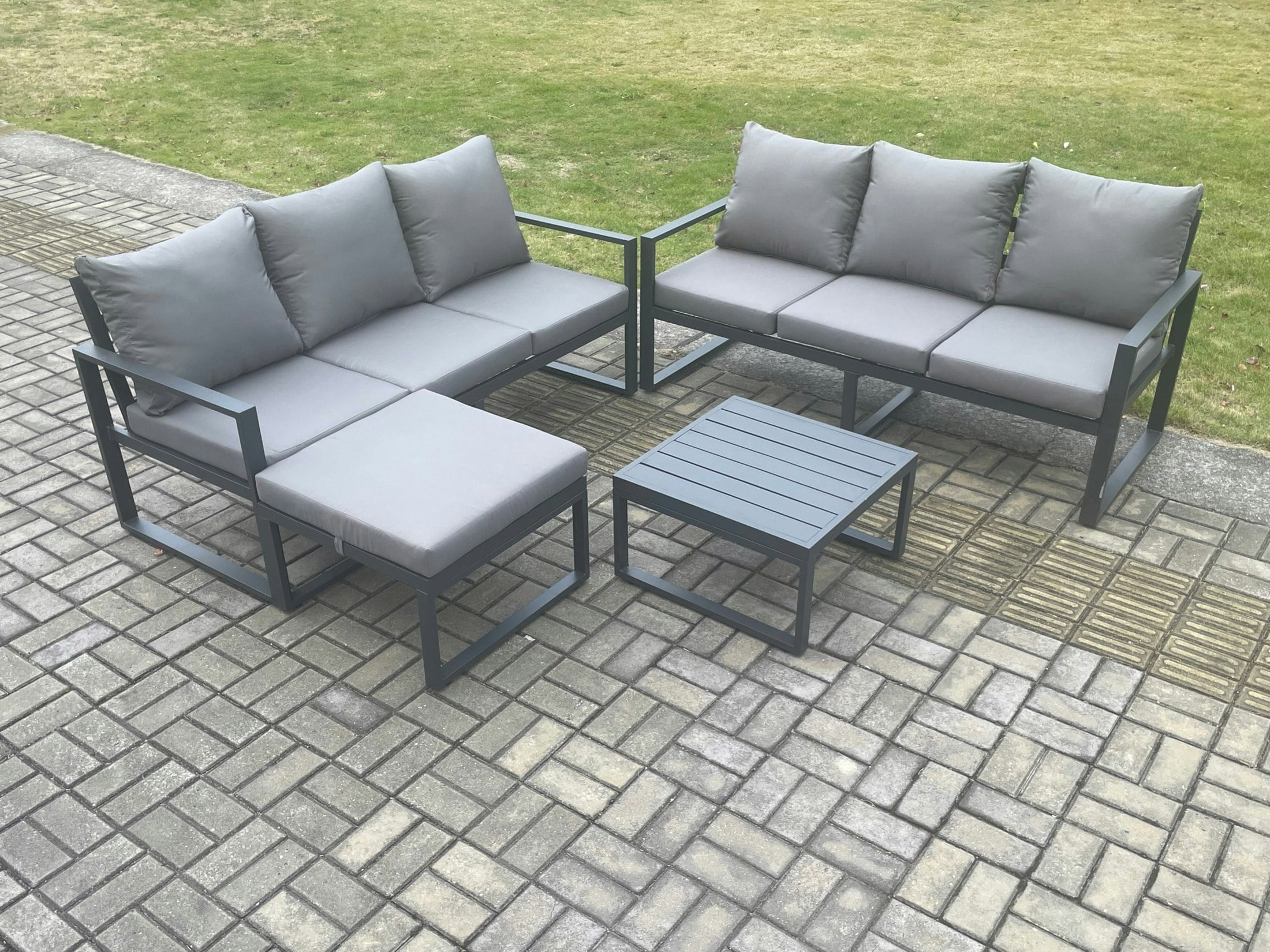 Rackhams Dark/Grey Aluminium 4 Pieces Garden Furniture Sofa Set With Cushions 7 Seater Outdoor Patio Set With Square Coffee Table Big Footstool