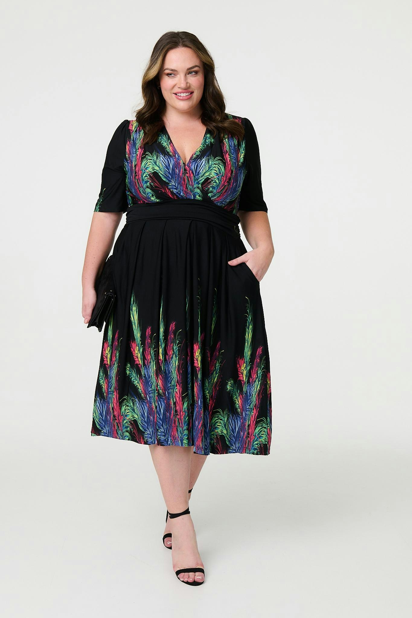 Izabel London Green Feather Print Faux Wrap Front Midi Dress - 8