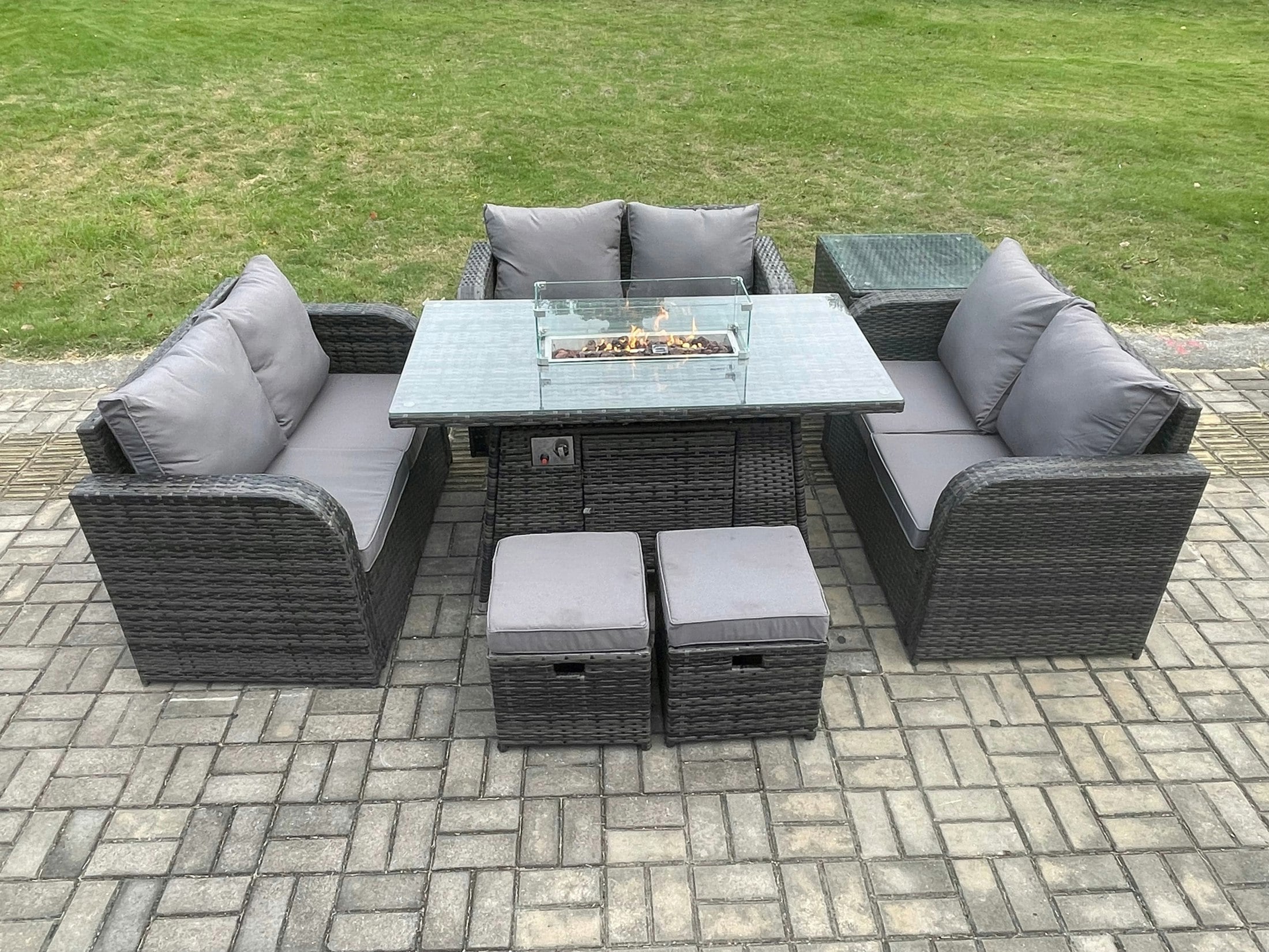 Fimous Dark/Grey Rattan Outdoor Garden Furniture Sofa Set Gas Fire Pit Dining Table Gas Heater With Side Tables Love Sofa 2 Small Footstools Mixed