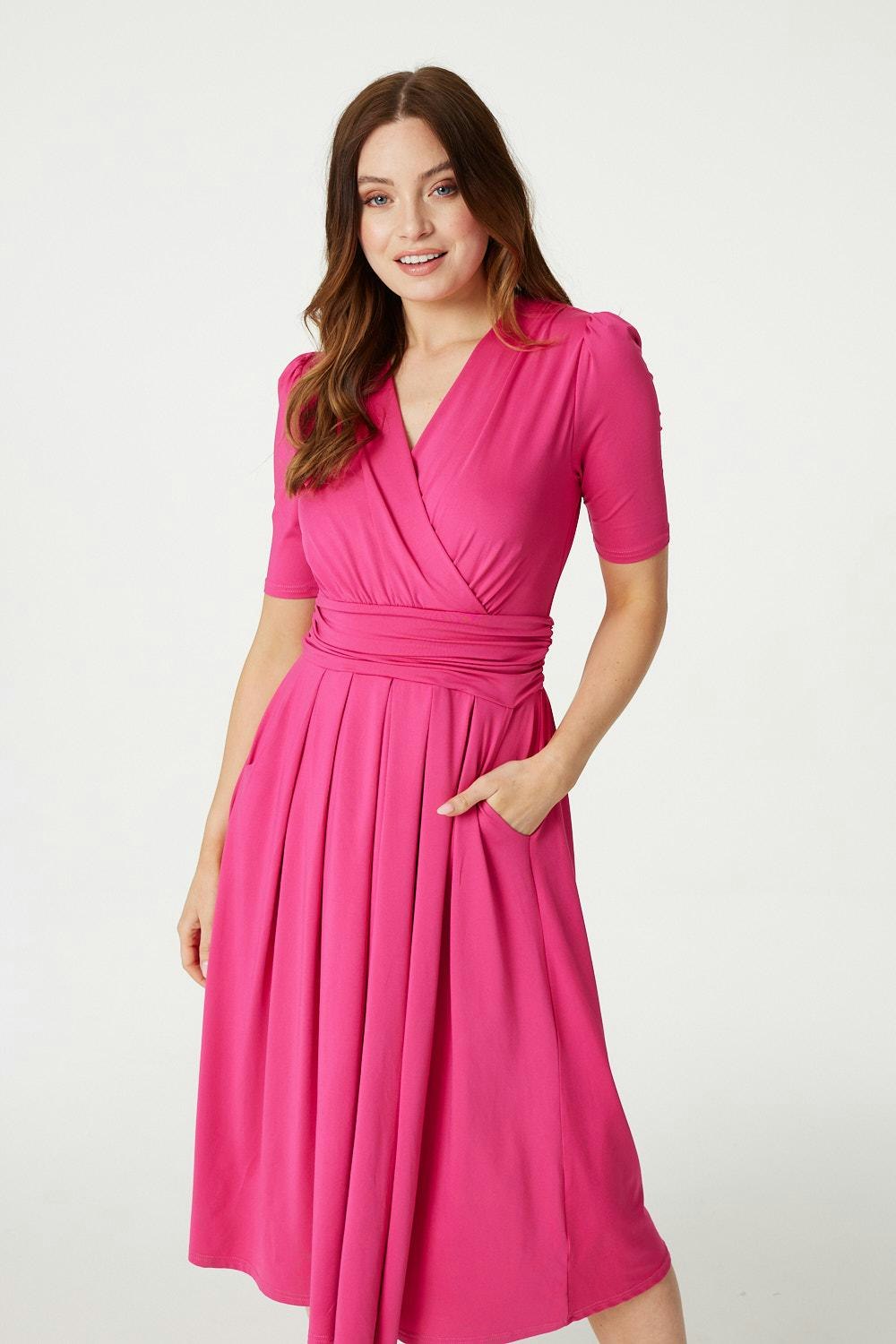 Izabel London Fuchsia Ruched Waist Jersey Wrap Dress - 10