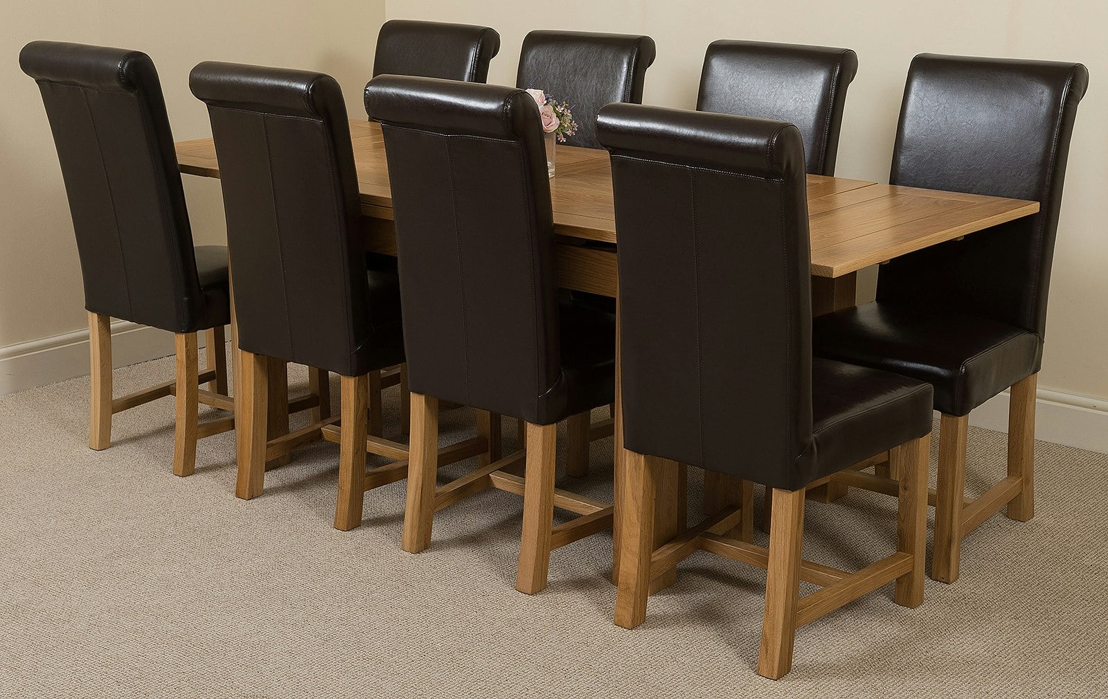 Rackhams Brown Richmond Medium Oak Extendable Dining Table With Washington Leather Chairs - 8 Chairs