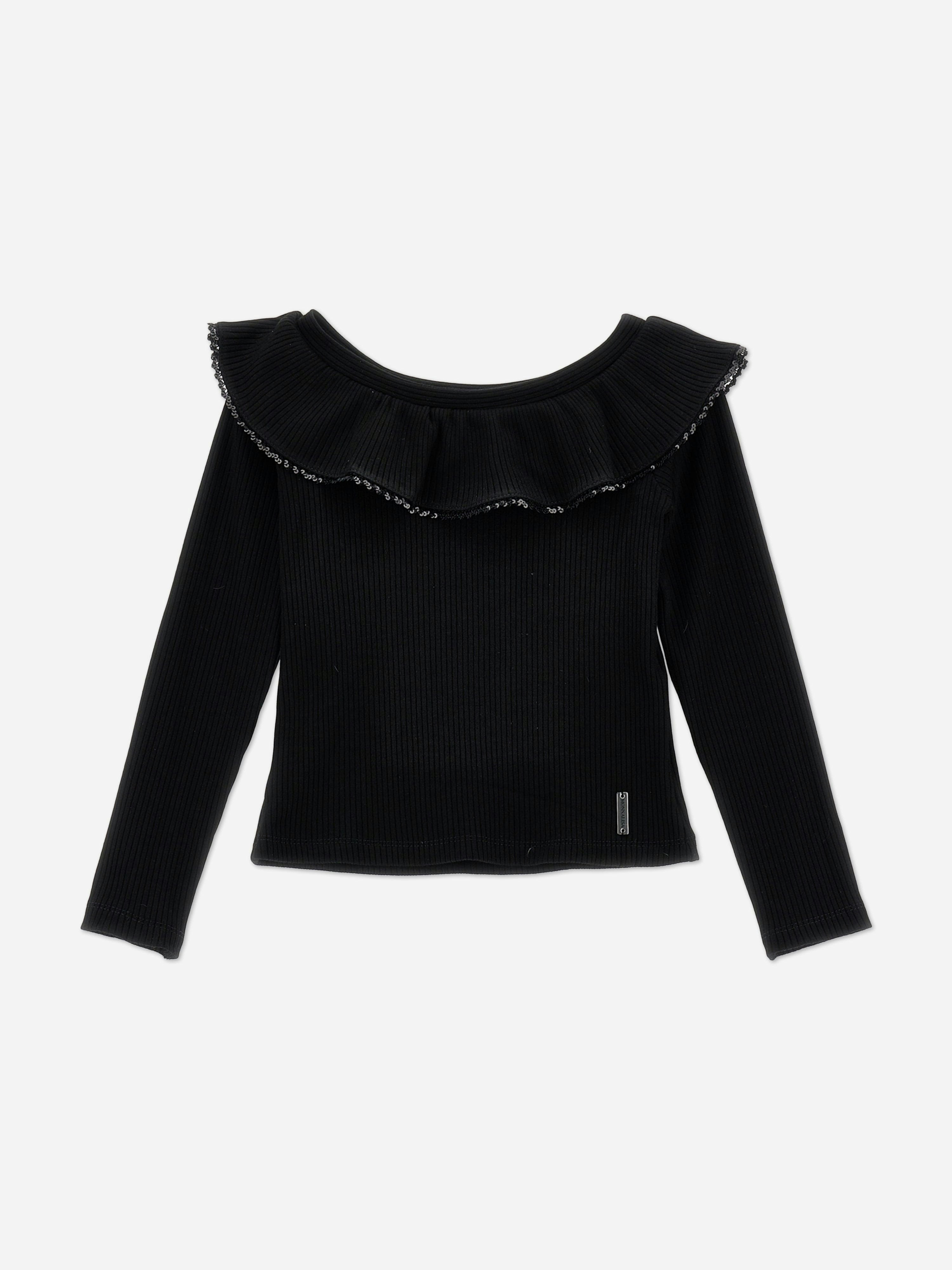 Monnalisa Girls Black Knitted Ruffle Collar Top In - 12 Yrs
