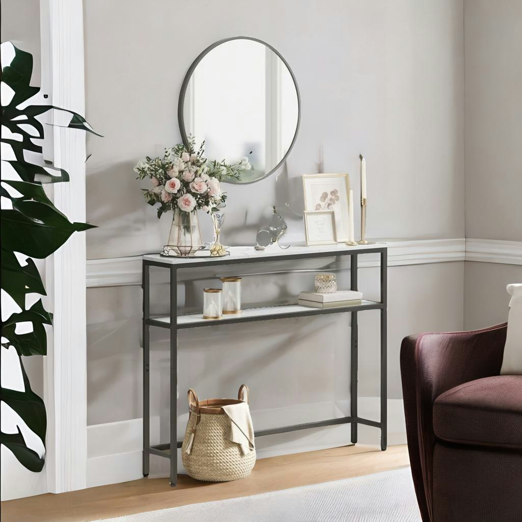 Rackhams White Industrial Slim Console Table With 2 Shelves Marble Effect
