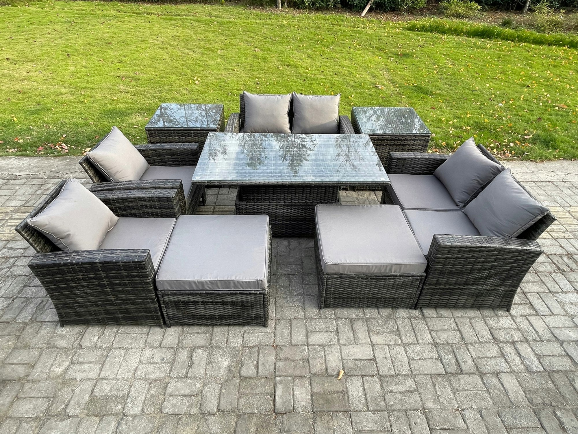 Rackhams Dark/Grey Outdoor Garden Furniture Sets 9 Pieces Wicker Rattan Furniture Sofa Dining Table Set With 2 Big Footstool 2 Side Tables Mixed
