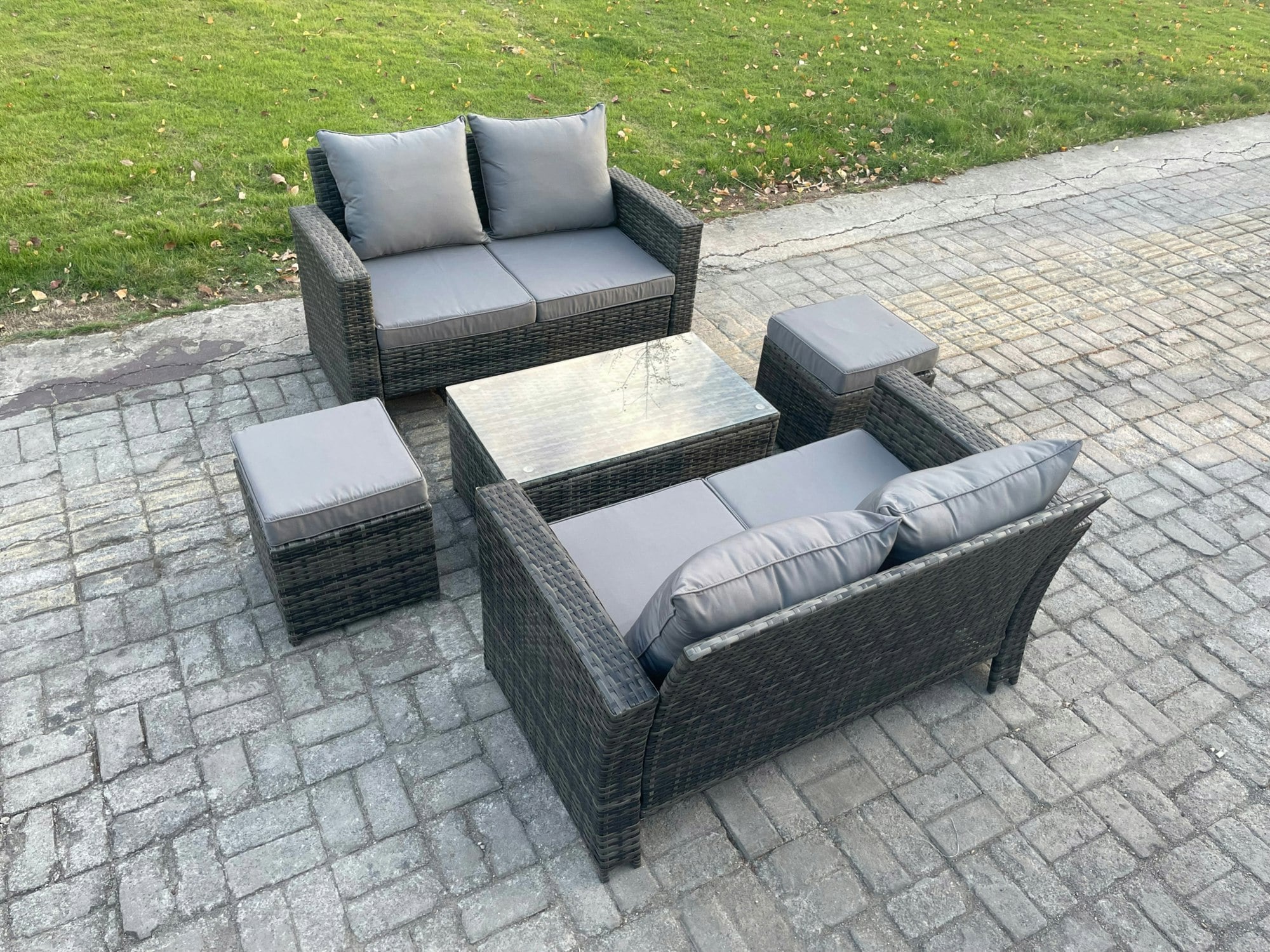 Fimous Dark/Grey 6-Seater Wicker Rattan Outdoor Sofa Set | Rectangular Coffee Table, Double Sofa, 2 Footstools