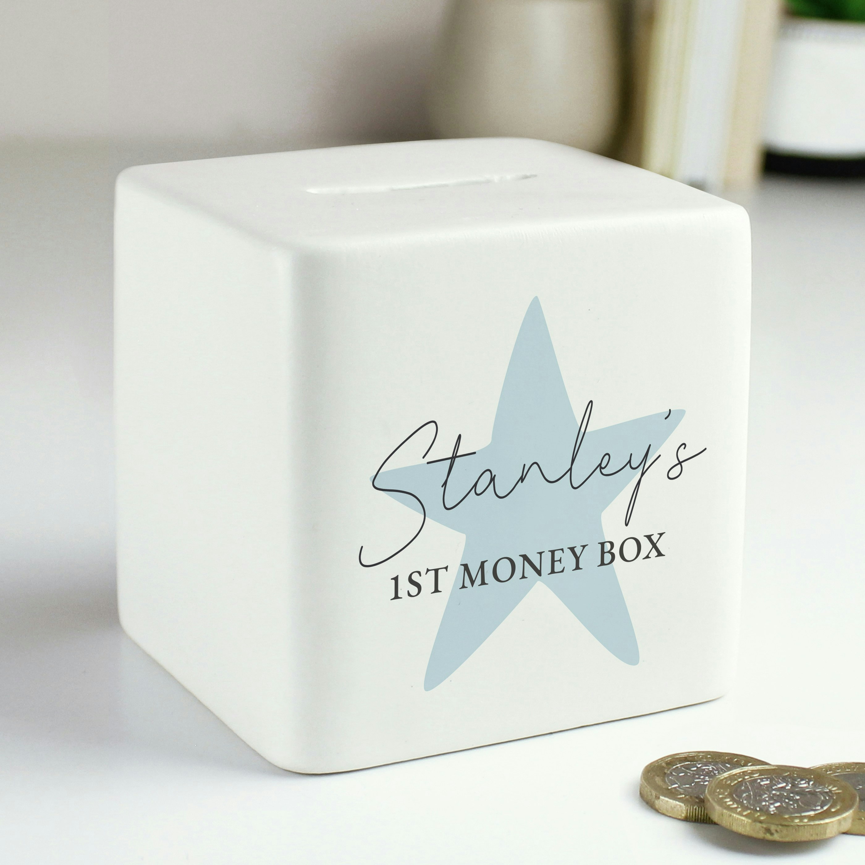 Rackhams Blue Personalised Star Ceramic Square Money Box