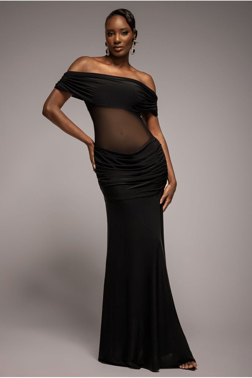 Goddiva Black Gathered Off The Shoulder Mesh Waist Panel Maxi Dress - By - 12