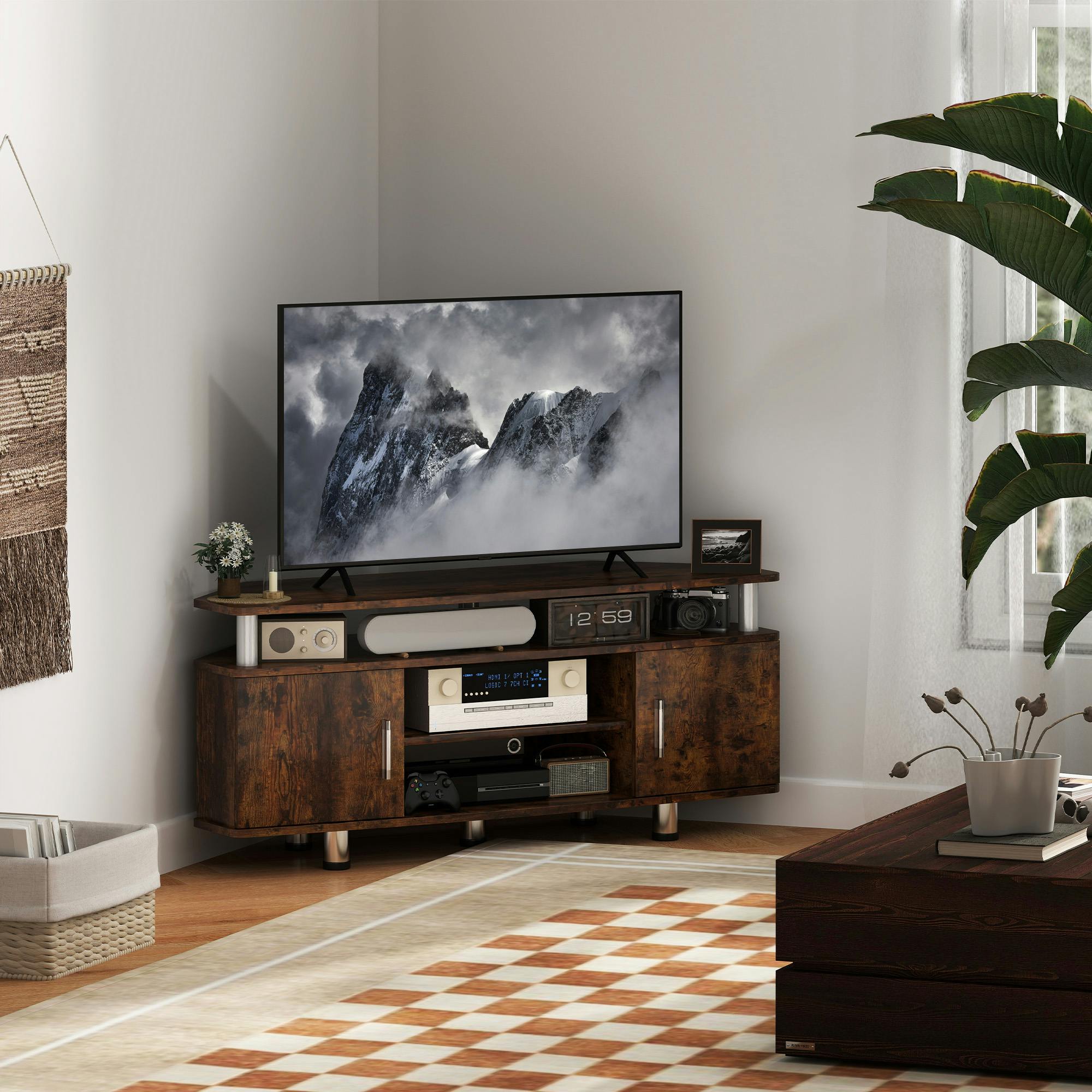 Rackhams Black Tv Unit Cabinet With Storage Shelves Entertainment Center