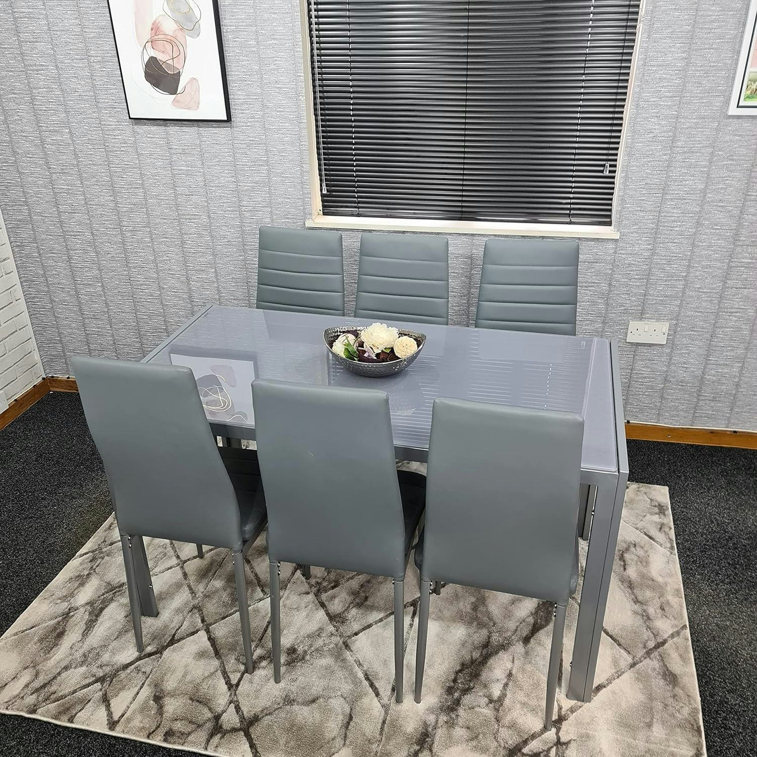 Kosy Koala Unisex Brown Modern Rectangle Glass Dining Table Set W/ 6 Grey Faux Leather Chairs Dining Room Furniture In - Image 6