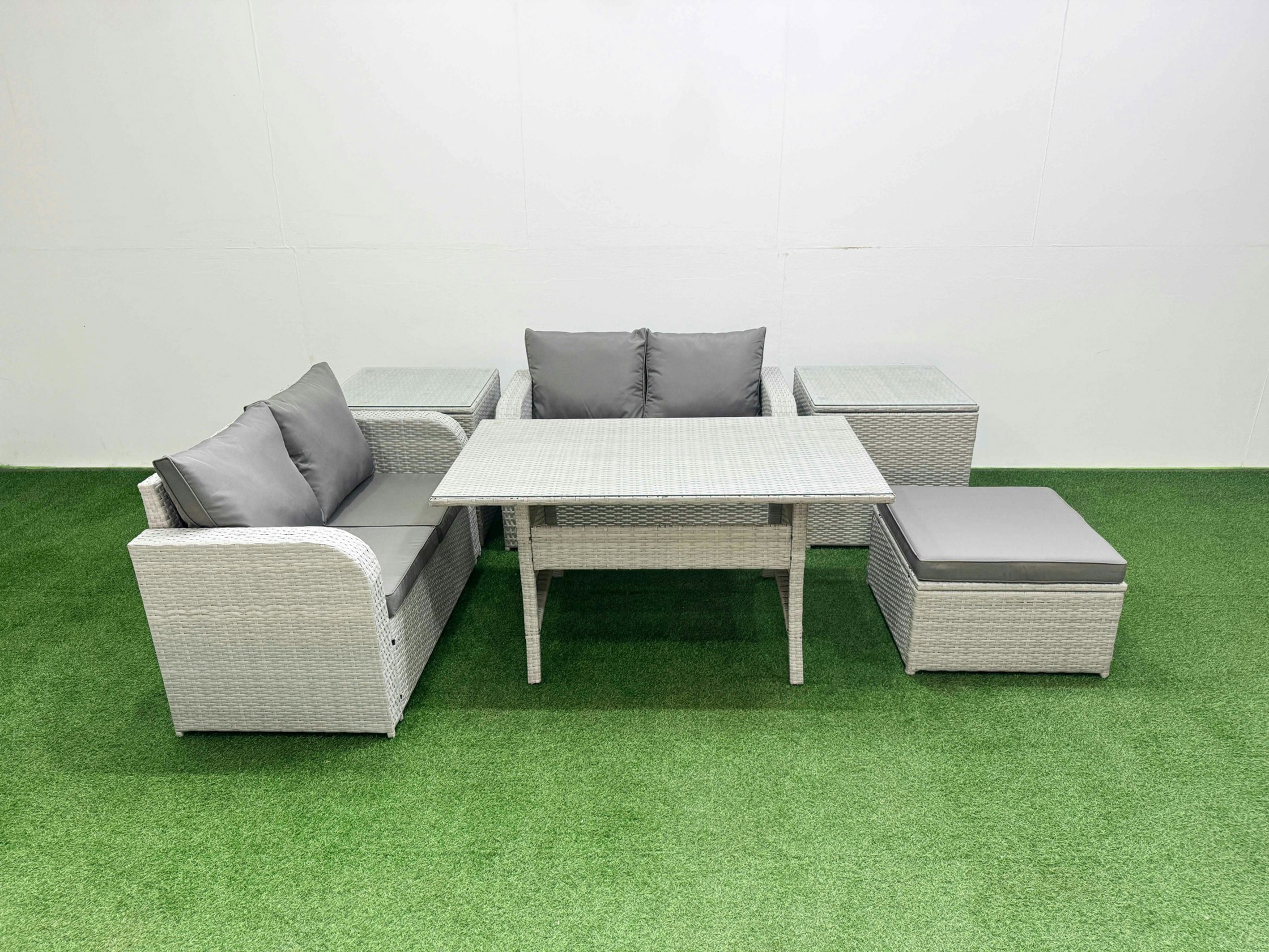 Rackhams Light/Grey 5 Seater Outdoor Love Sofa Set Rattan Garden Furniture Set With Rectangular Dining Table Big Footstool 2 Side Tables