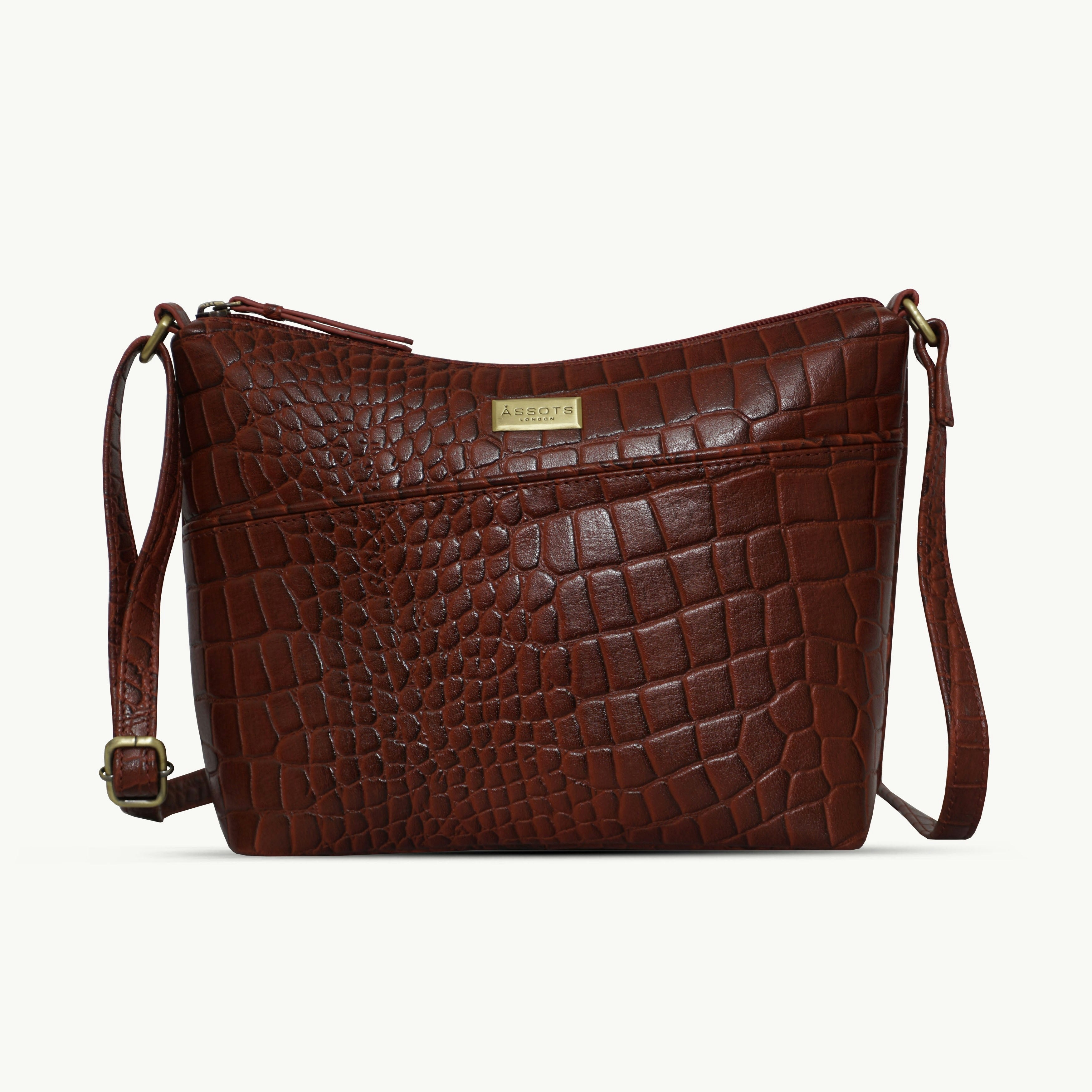Assots London Red 'Carol' Croc Real Leather Designer Crossbody Shoulder Bag 29Cm