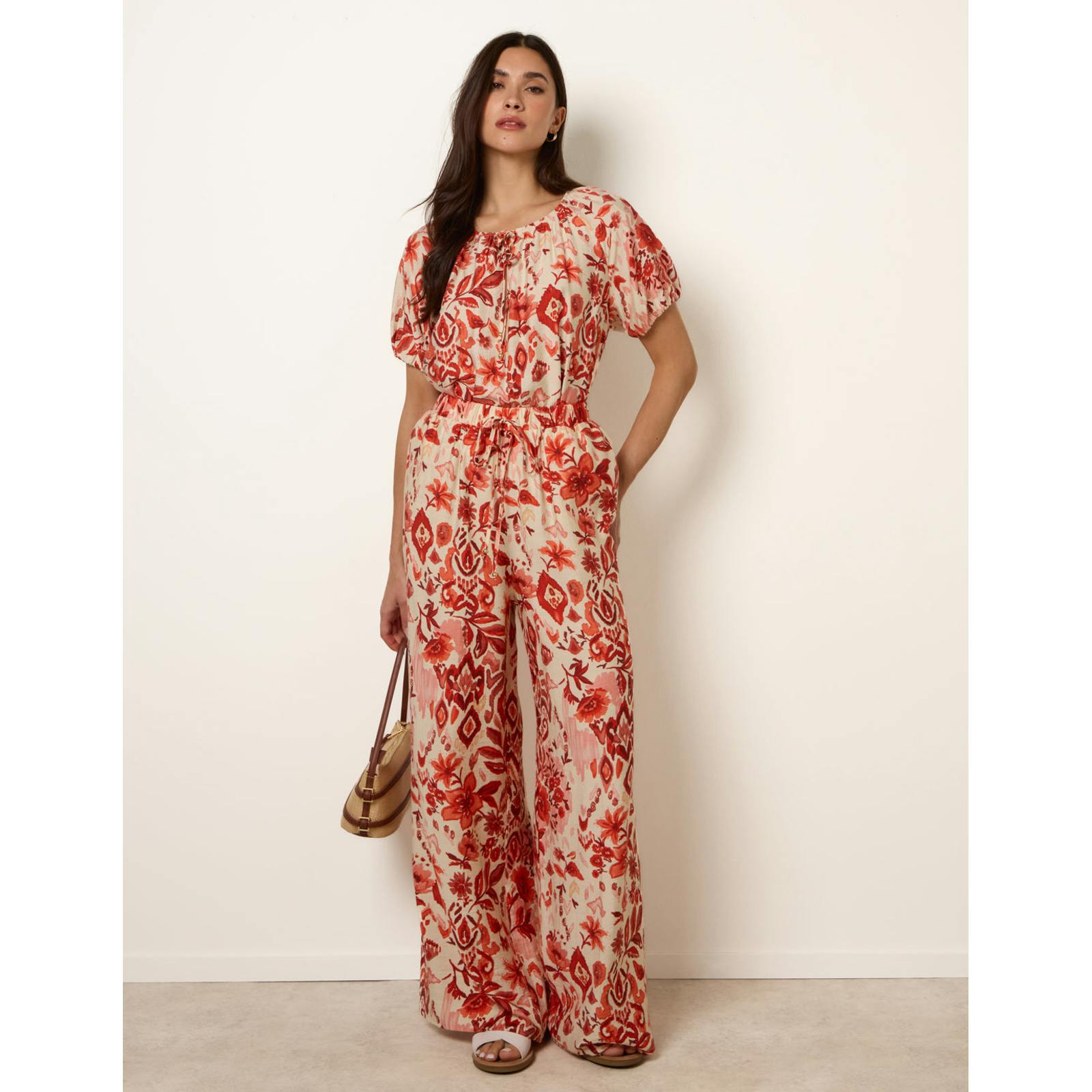 Blue Vanilla Blue/Orange Vanilla Watercolour Floral Printed Wide Leg Trousers - Xl