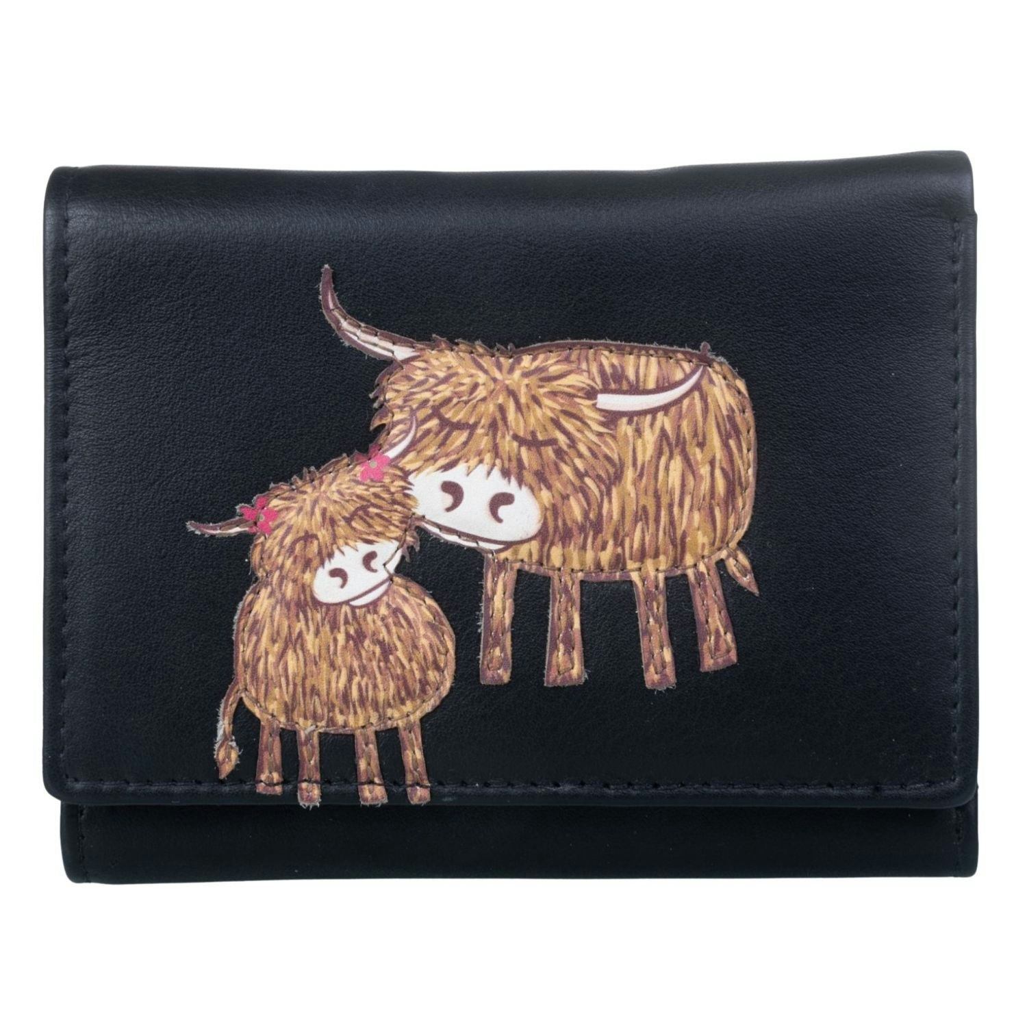 Mala Leather Black Highland Cow Mother & Daughter Leather Trifold Purse