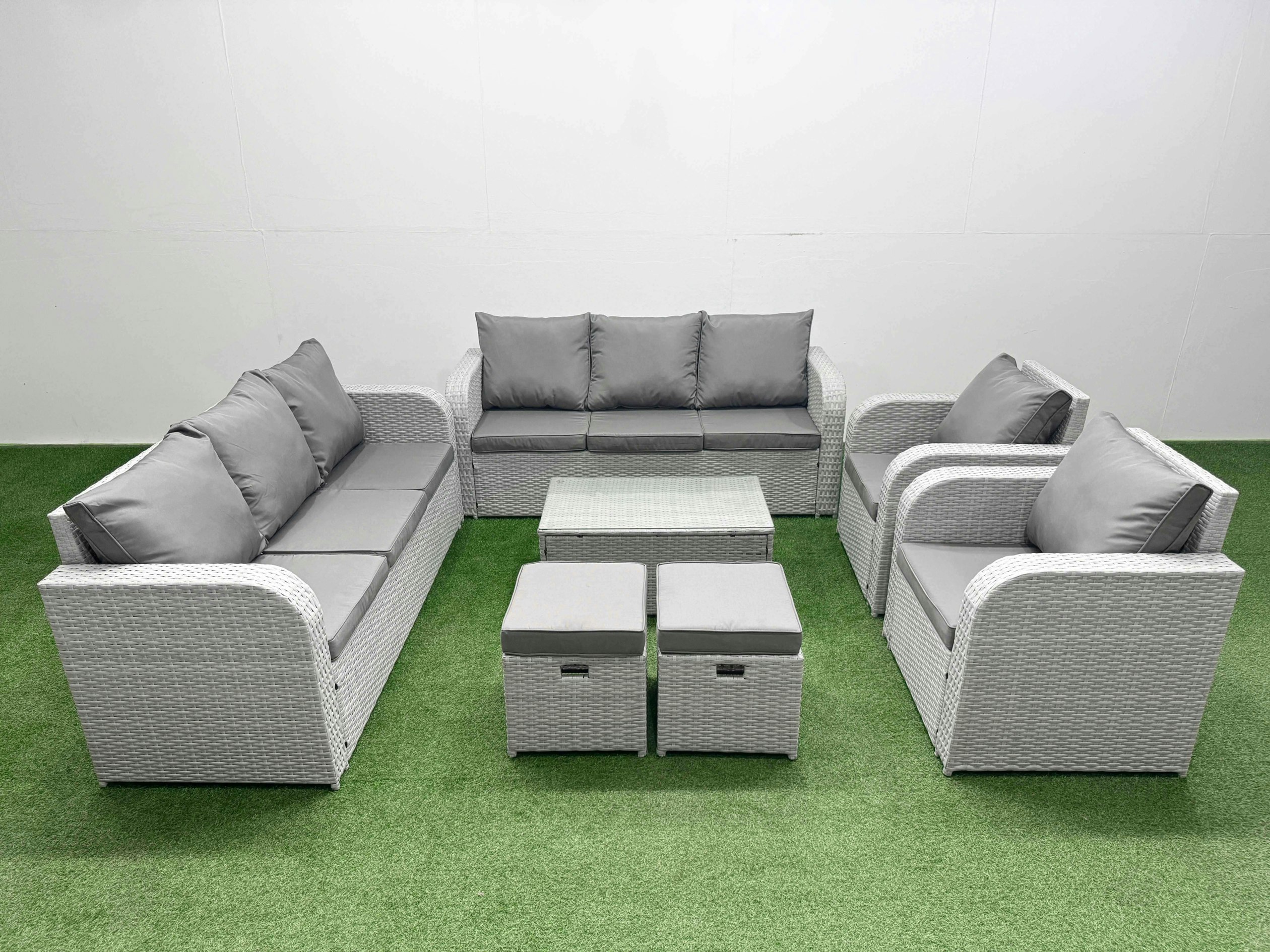 Fimous Light/Grey Pe Rattan High Back Lounge Sofa Set Patio Coffee Table & Chairs Set With 3 Seater Sofa Reclining Chair Stools