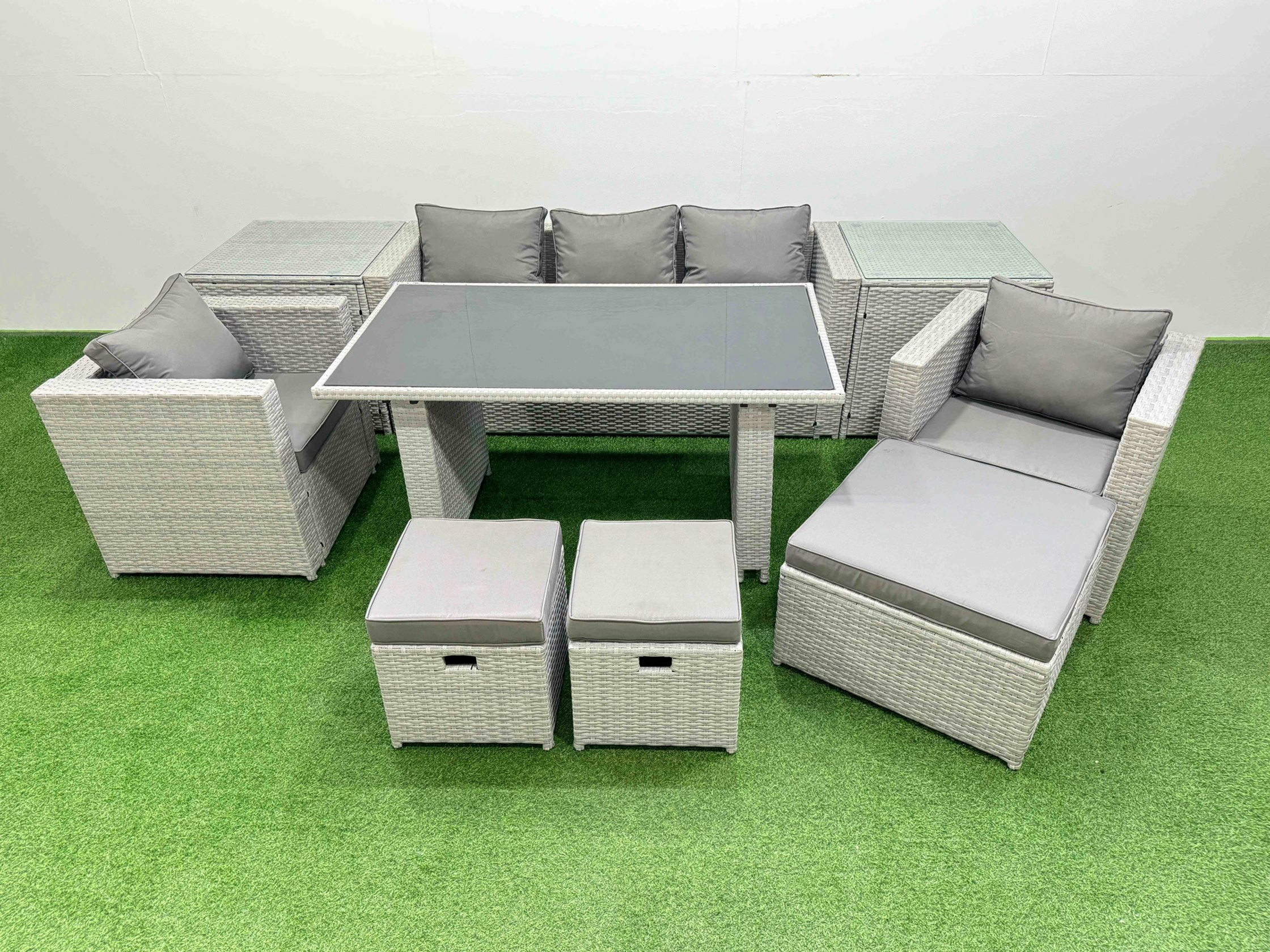 Fimous Black/Light/Grey Patio Garden Furniture Sets With Glass Top Dining Table Armchair 3 Seater Sofa 2 Side Tables 3 Stool