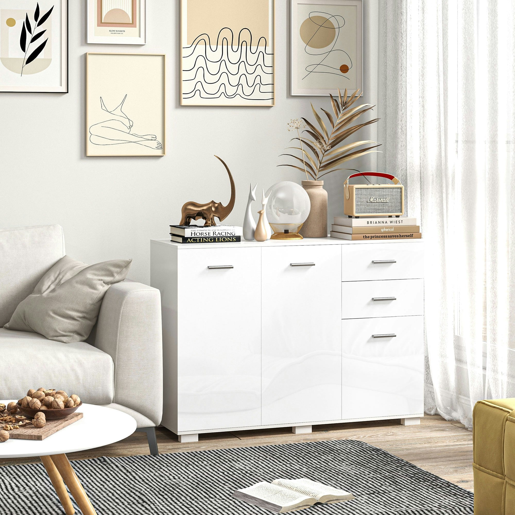Rackhams White Modern Sideboard Kitchen Storage Cabinet With 2 Drawers, - High Gloss