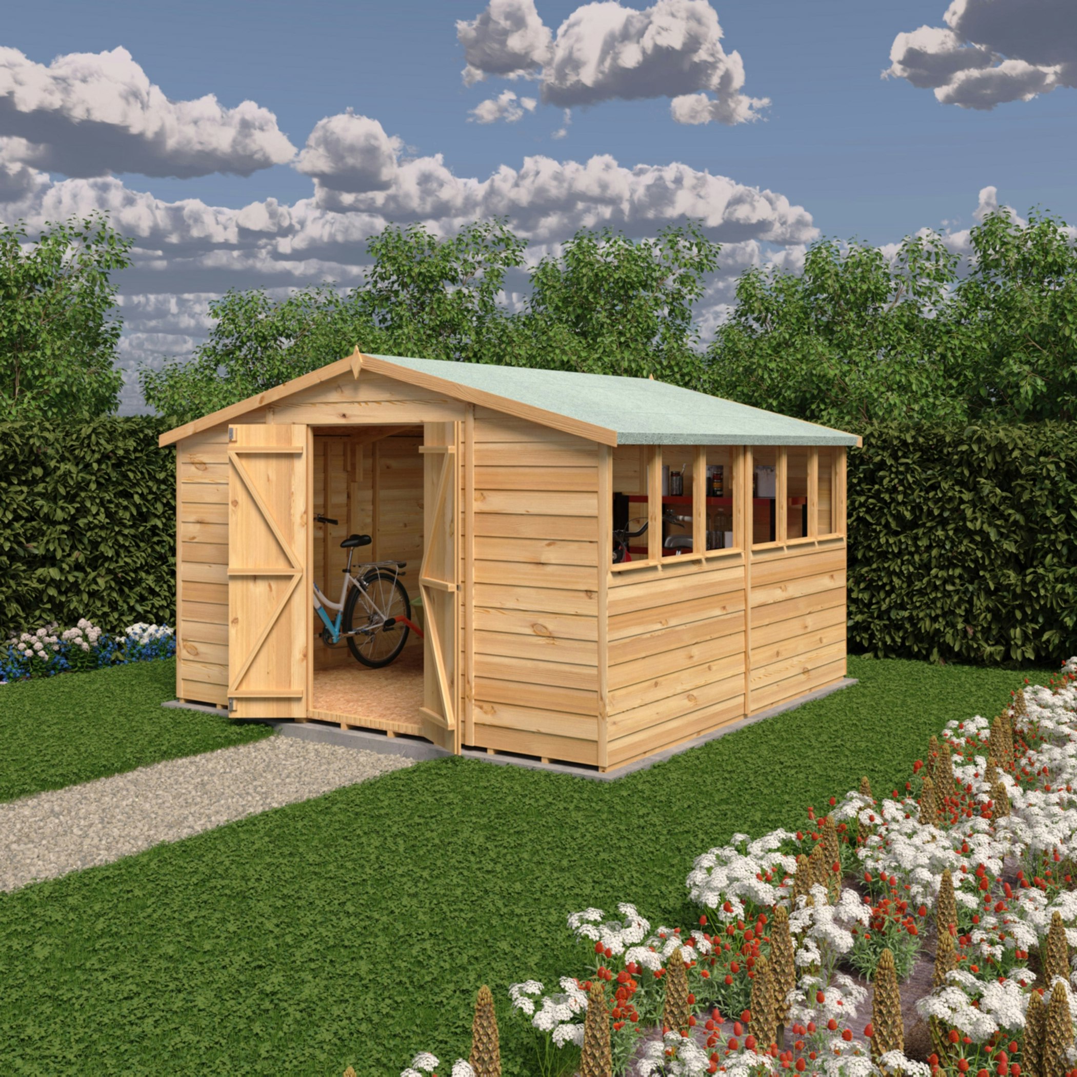 Rackhams Light/Green Overlap Double Door 10X10 Economy Storage Shed