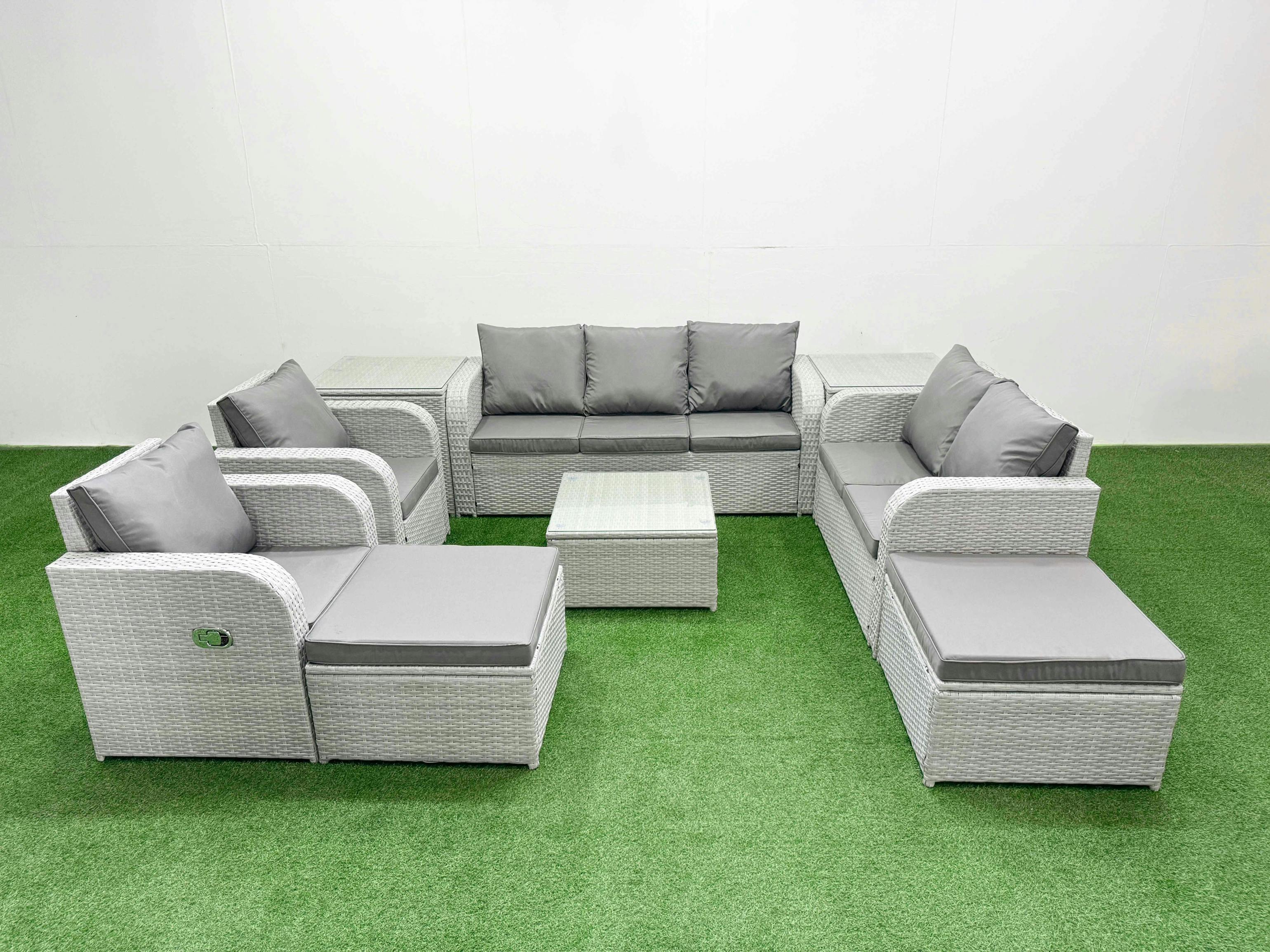 Rackhams Light/Grey 9 Seater Rattan Garden Furniture Set With Square Coffee Table, 2 Sofas, 2 Reclining Chairs, 2 Footstools & 2 Side Tables